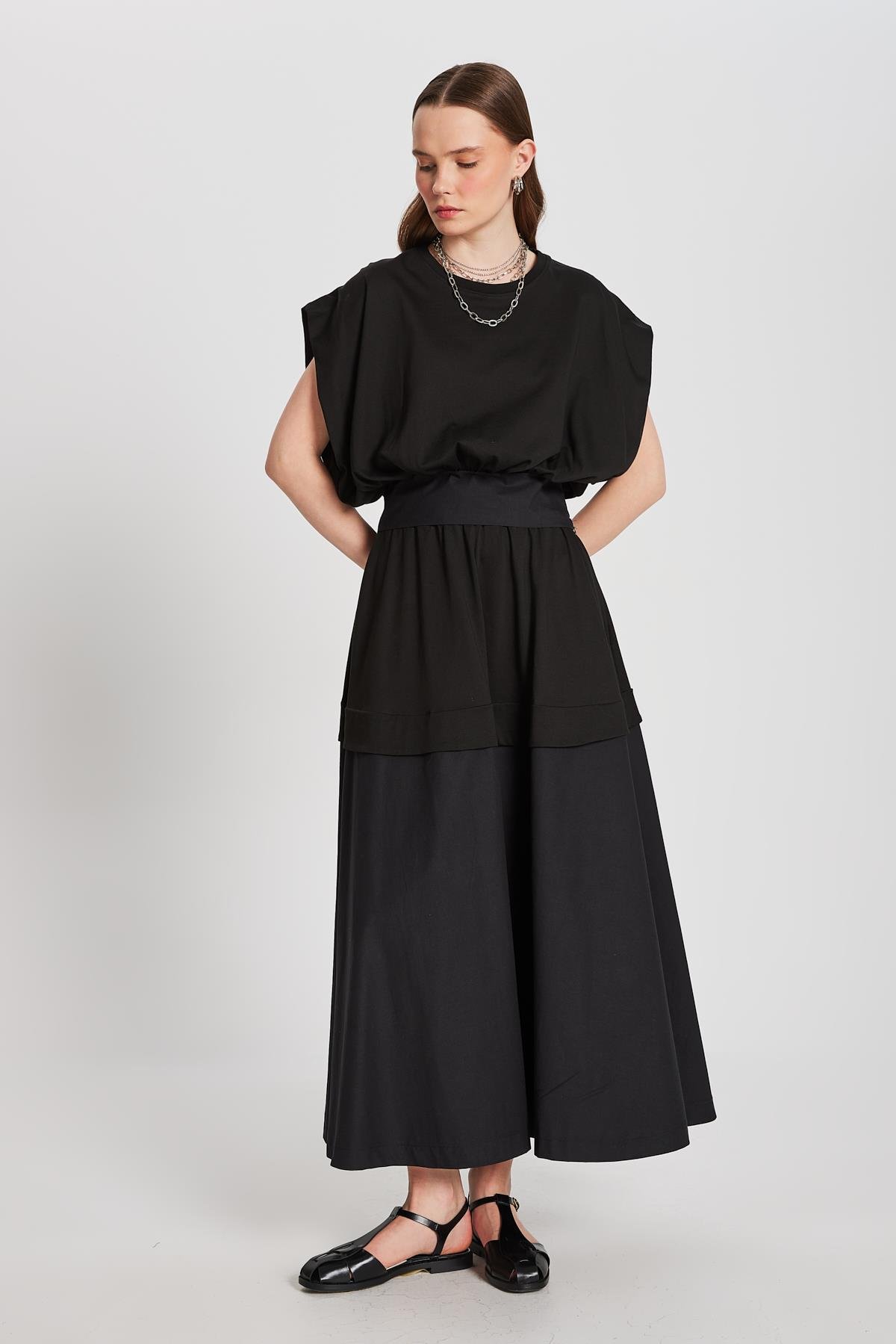 Kadın Siyah Örme ve Dokuma Garnili Uzun Etek 29112