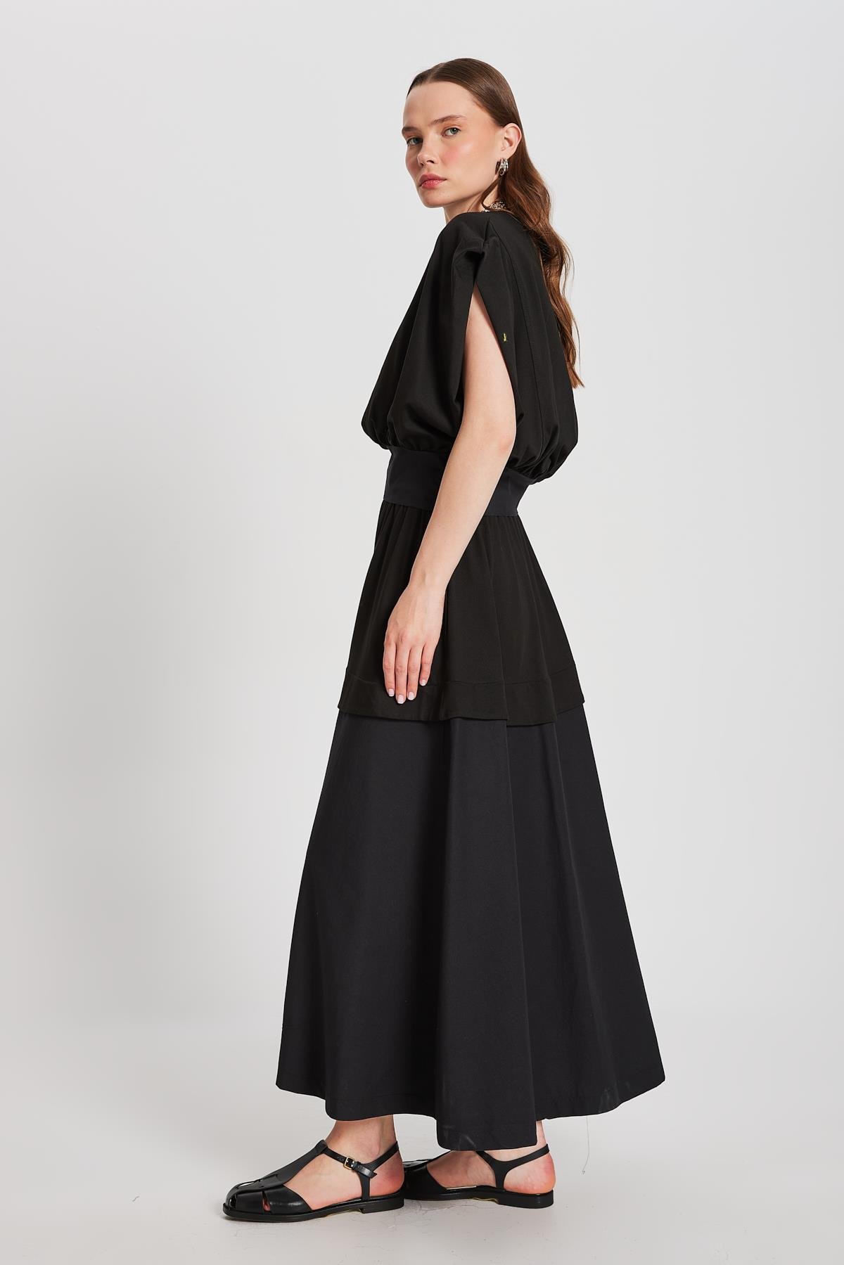 Kadın Siyah Örme ve Dokuma Garnili Uzun Etek 29112