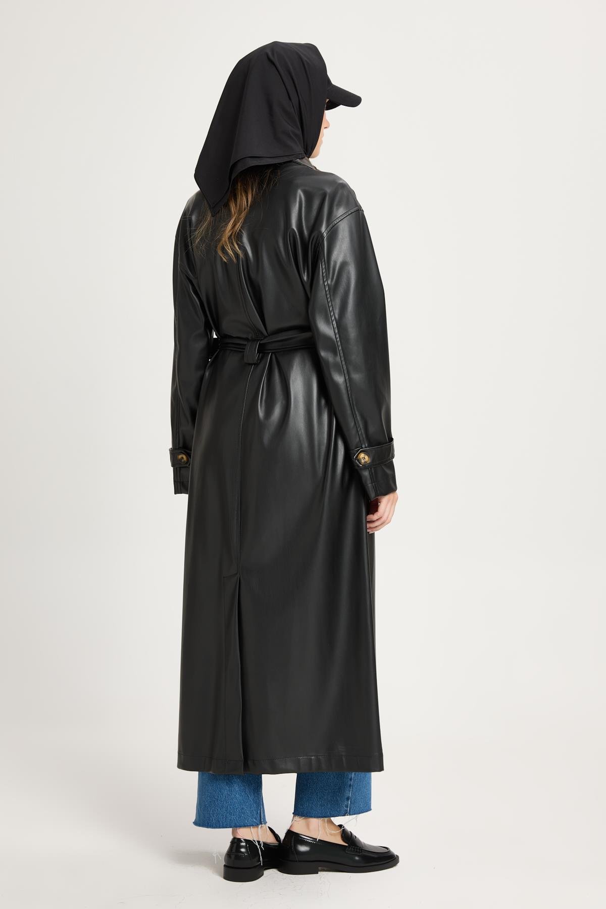 Kadın Siyah Oversize Astarsız Tam Boy Deri Trench 30022