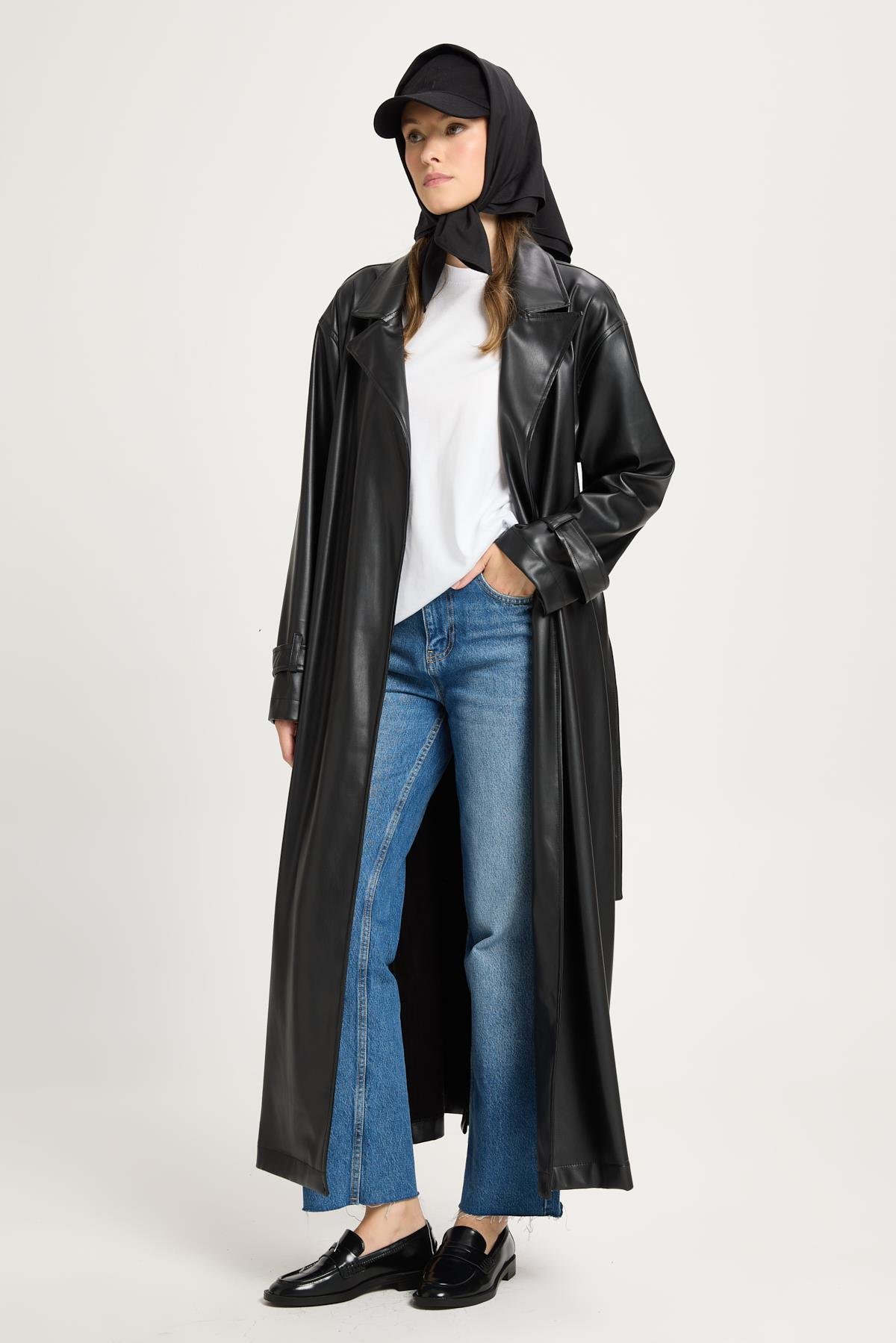 Kadın Siyah Oversize Astarsız Tam Boy Deri Trench 30022