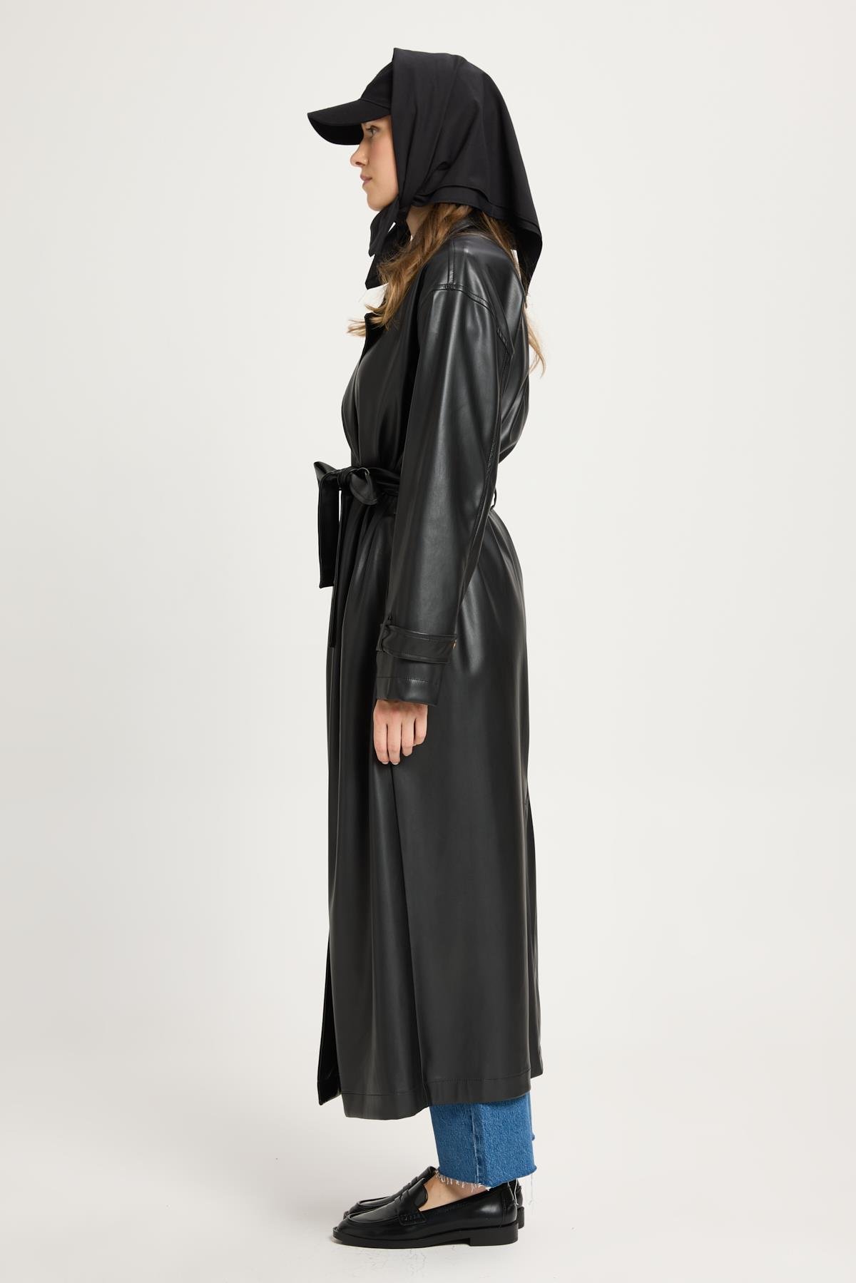 Kadın Siyah Oversize Astarsız Tam Boy Deri Trench 30022