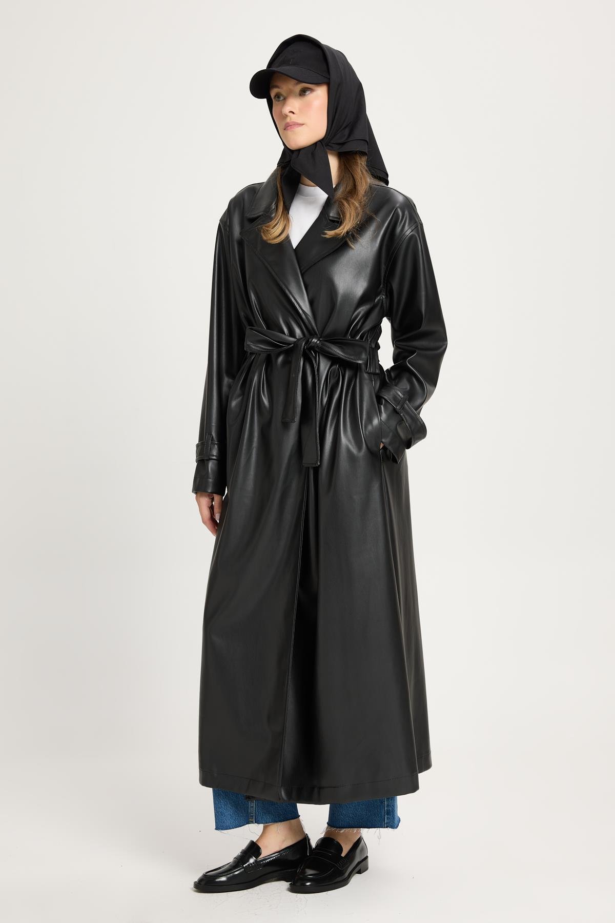 Kadın Siyah Oversize Astarsız Tam Boy Deri Trench 30022