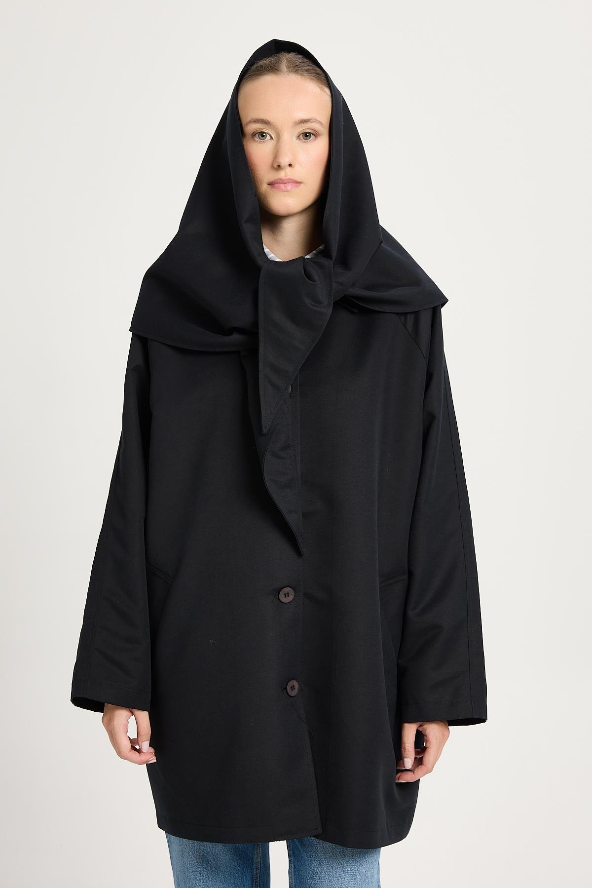 Kadın Siyah Oversize Seyyar Yakalı Astarlı Tasarım trençkot 30009