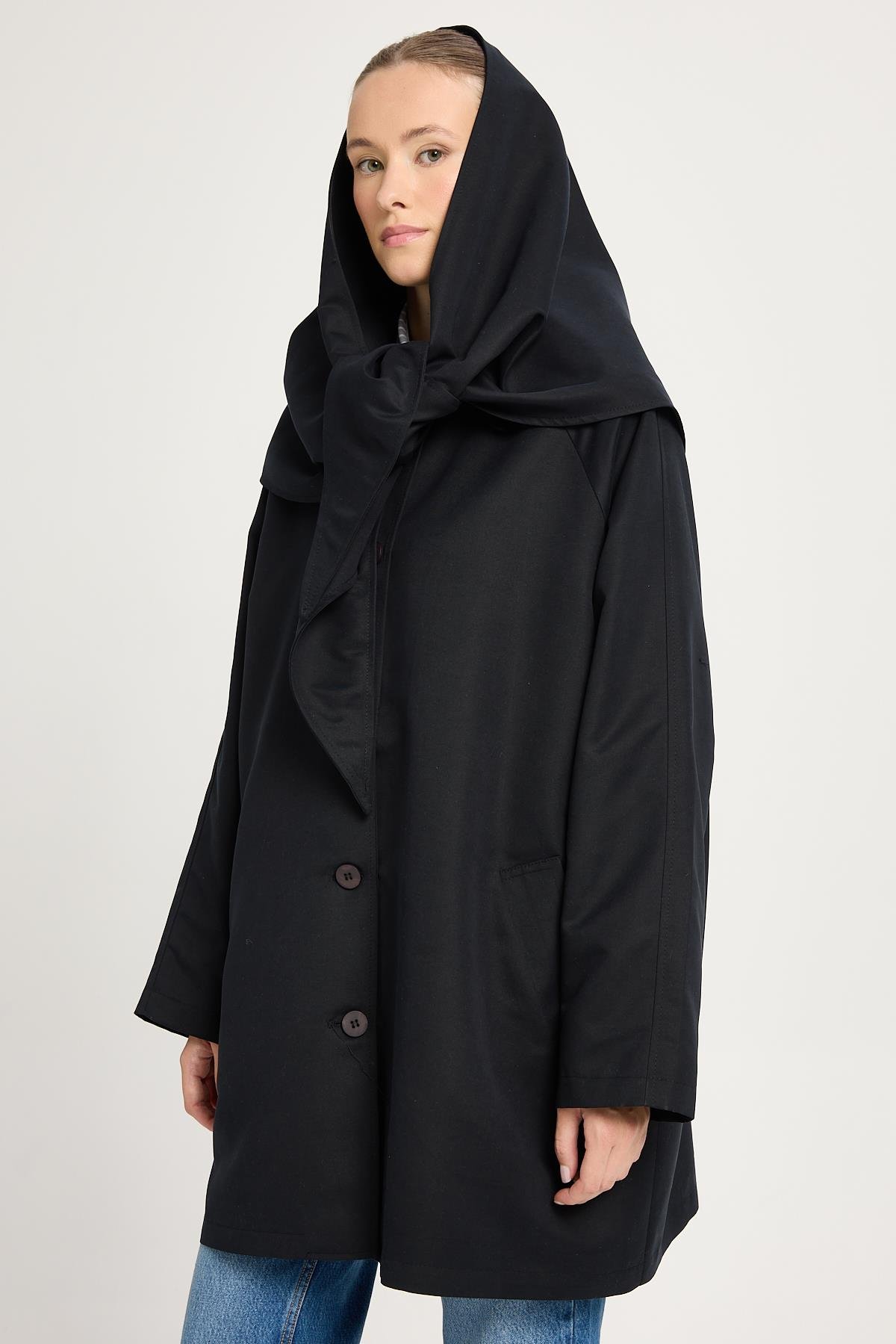 Kadın Siyah Oversize Seyyar Yakalı Astarlı Tasarım trençkot 30009