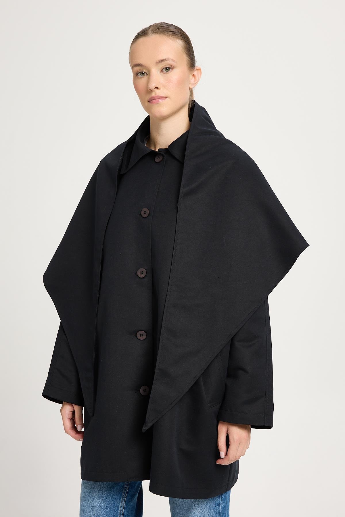 Kadın Siyah Oversize Seyyar Yakalı Astarlı Tasarım trençkot 30009