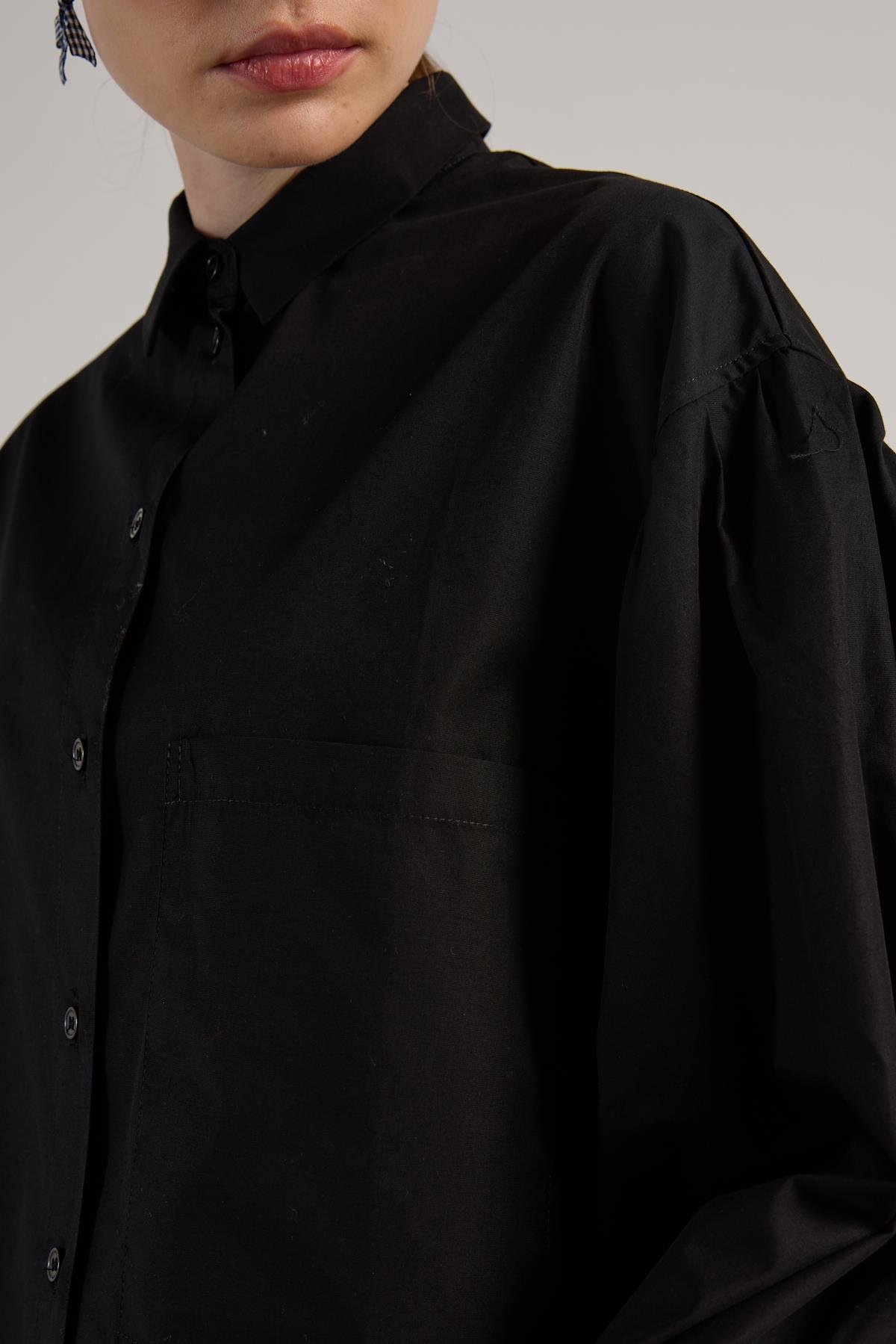 Kadın Siyah Pileli Cep Detaylı Oversize Gömlek 30062
