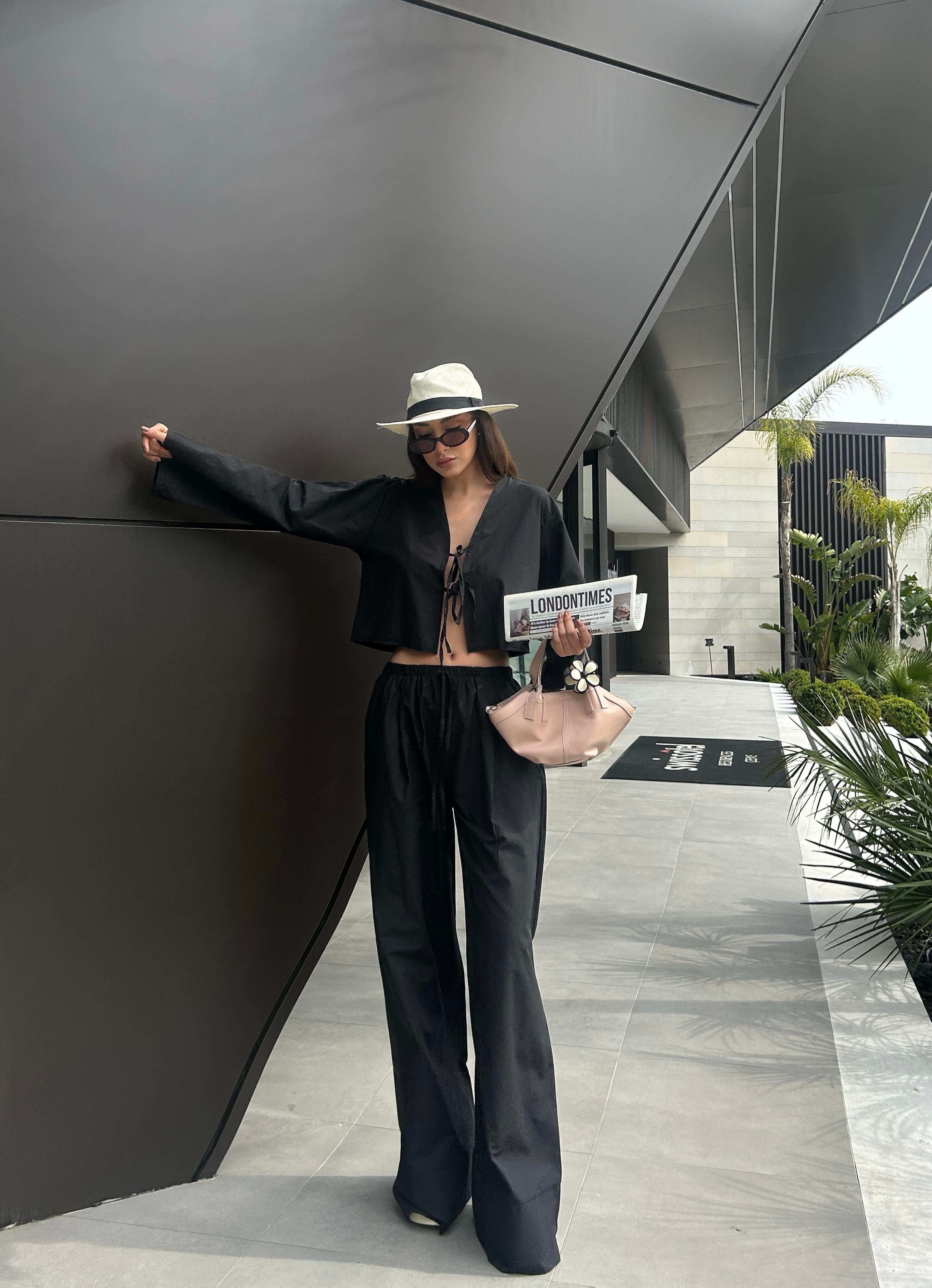 Kadın Siyah Poplin Kumaş Beli Lastikli Cepli Pantolon 29083