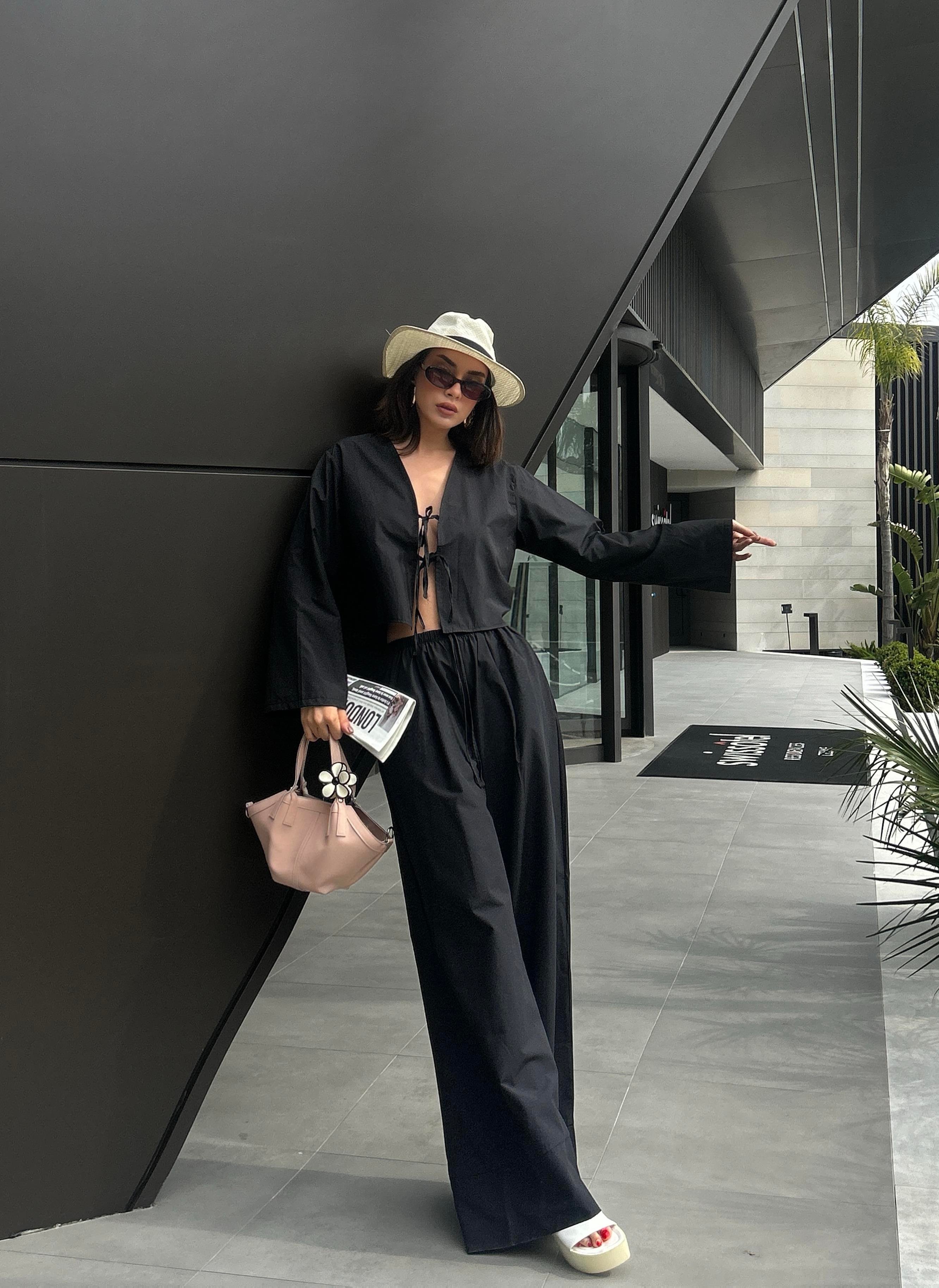 Kadın Siyah Poplin Önden Bağlamalı Bluz 29085