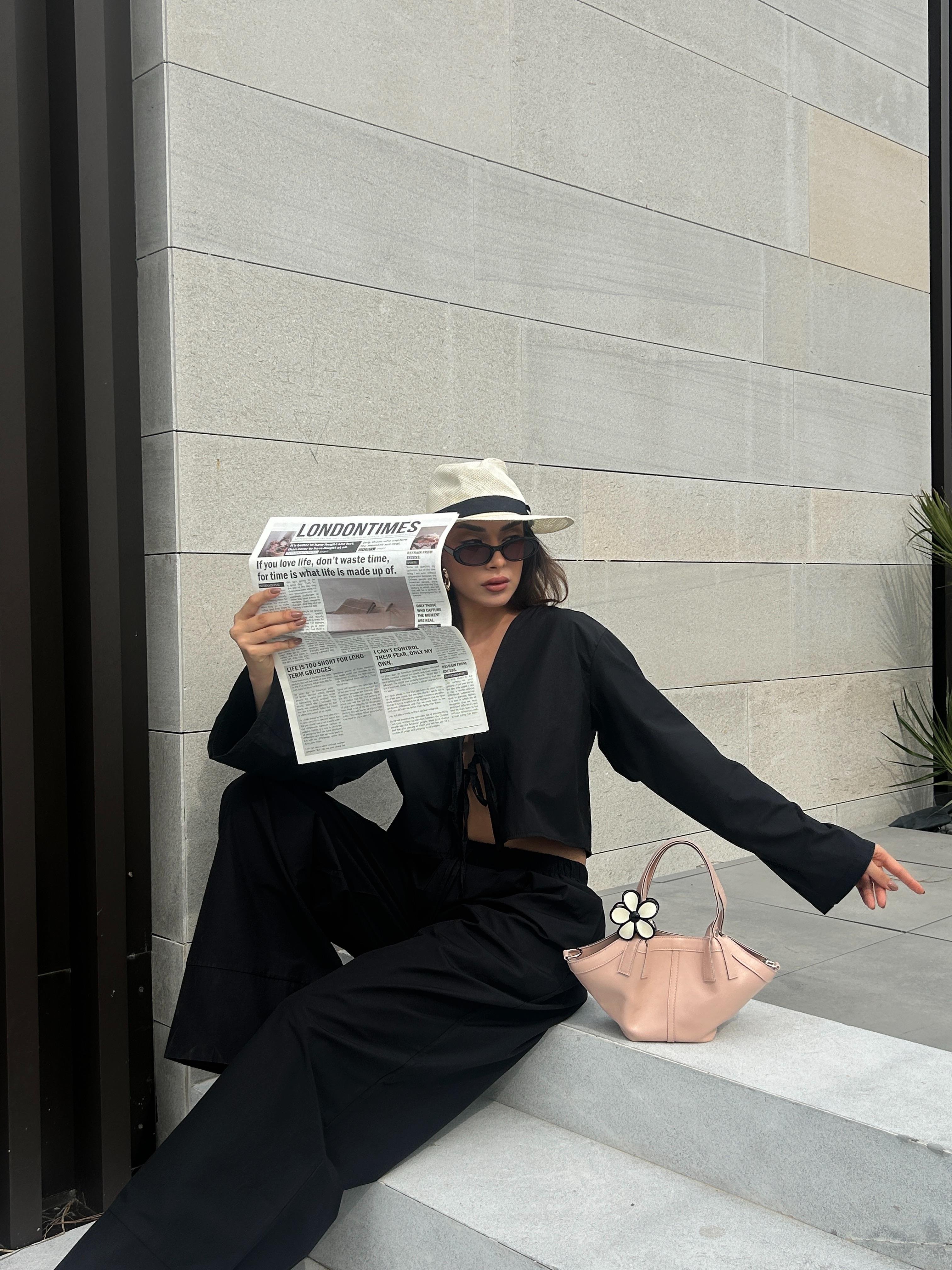 Kadın Siyah Poplin Önden Bağlamalı Bluz 29085