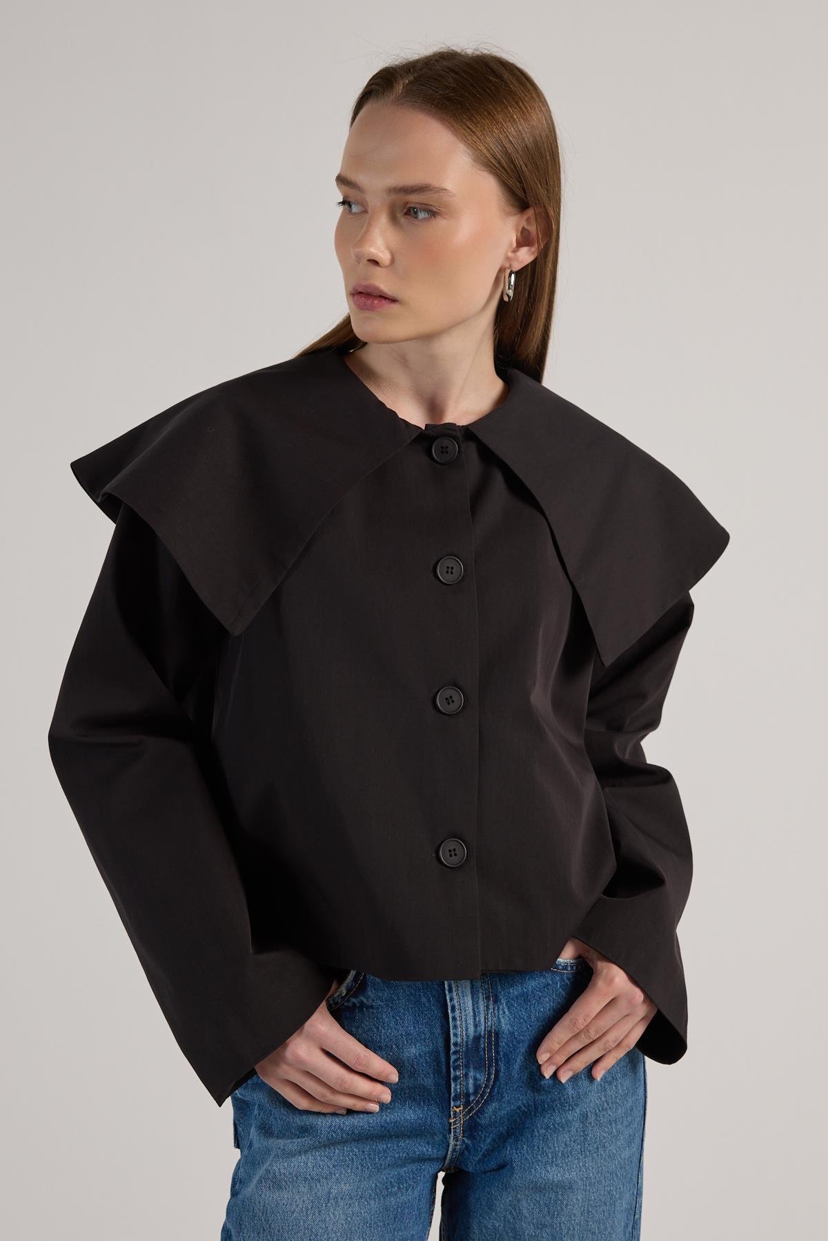 Kadın Siyah Premium Tasarım Kısa Trençkot 30011