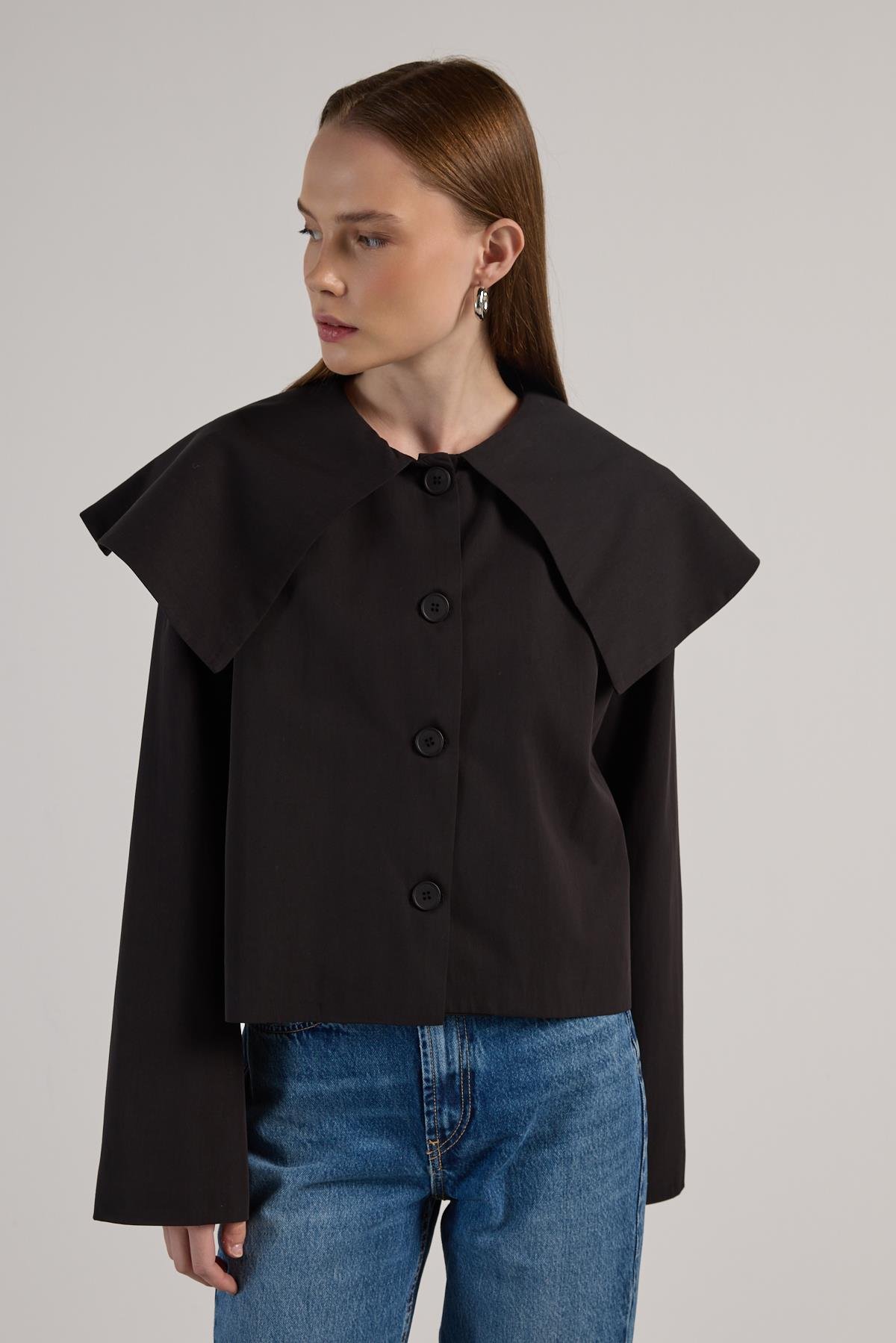 Kadın Siyah Premium Tasarım Kısa Trençkot 30011