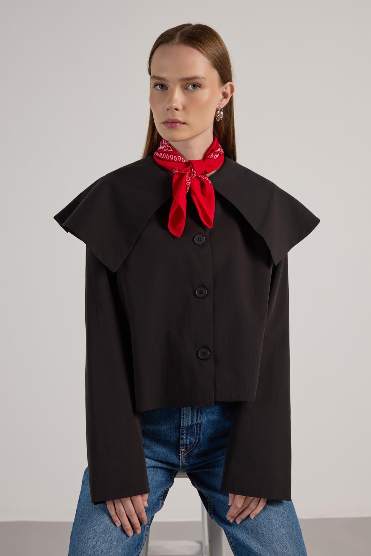 Kadın Siyah Premium Tasarım Kısa Trençkot 30011