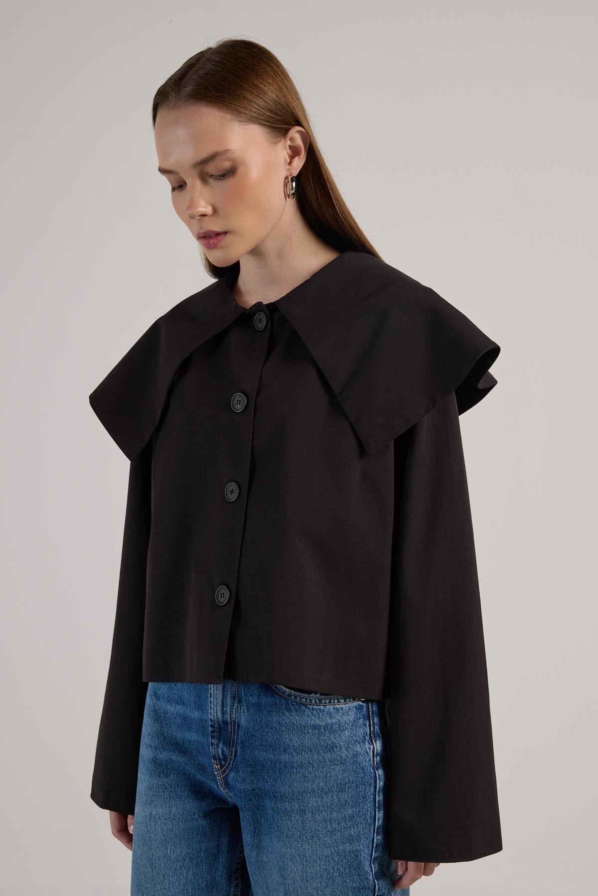 Kadın Siyah Premium Tasarım Kısa Trençkot 30011