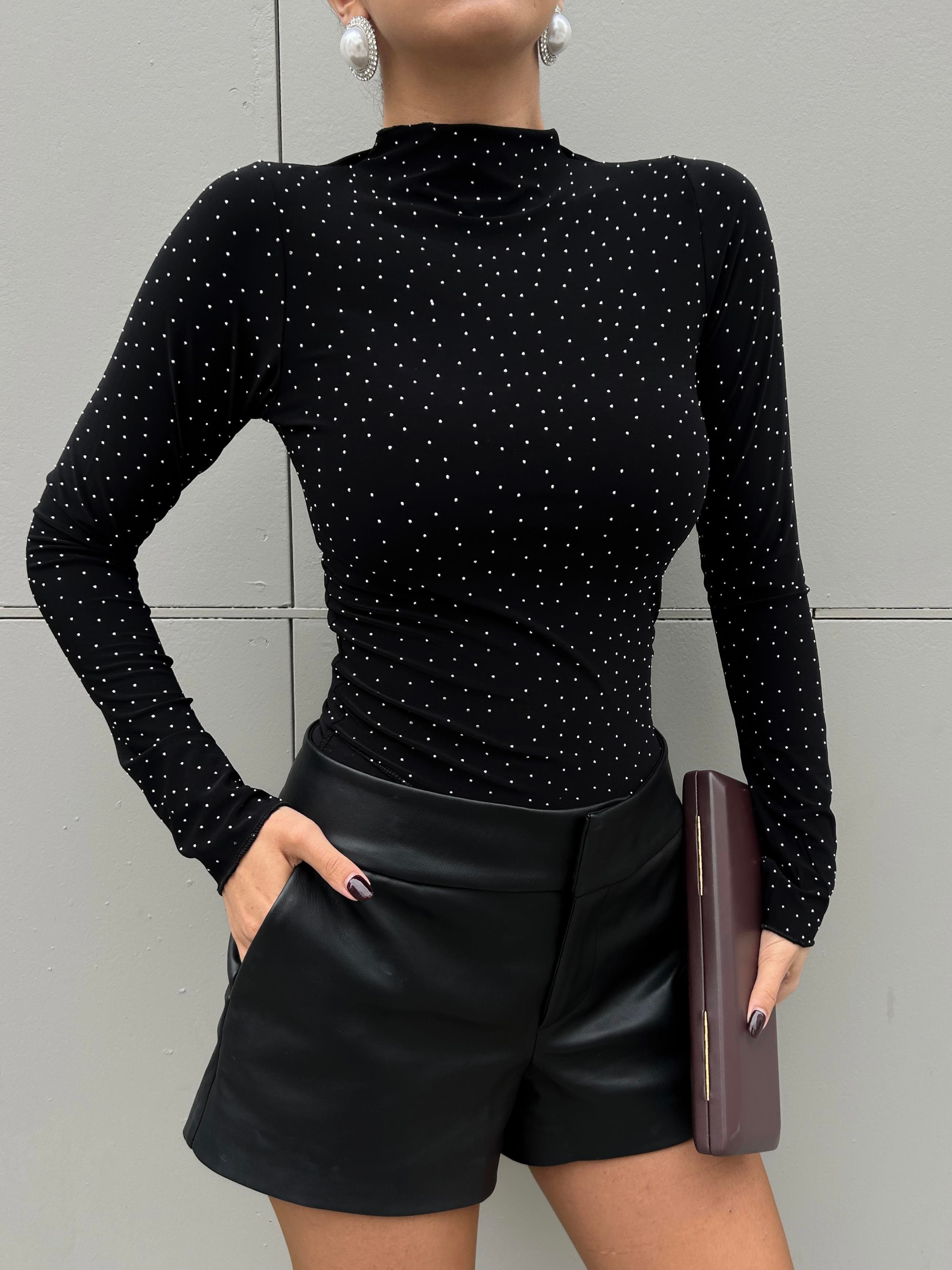 Kadın Siyah Sandy Kumaş Taşlı Bluz 30098