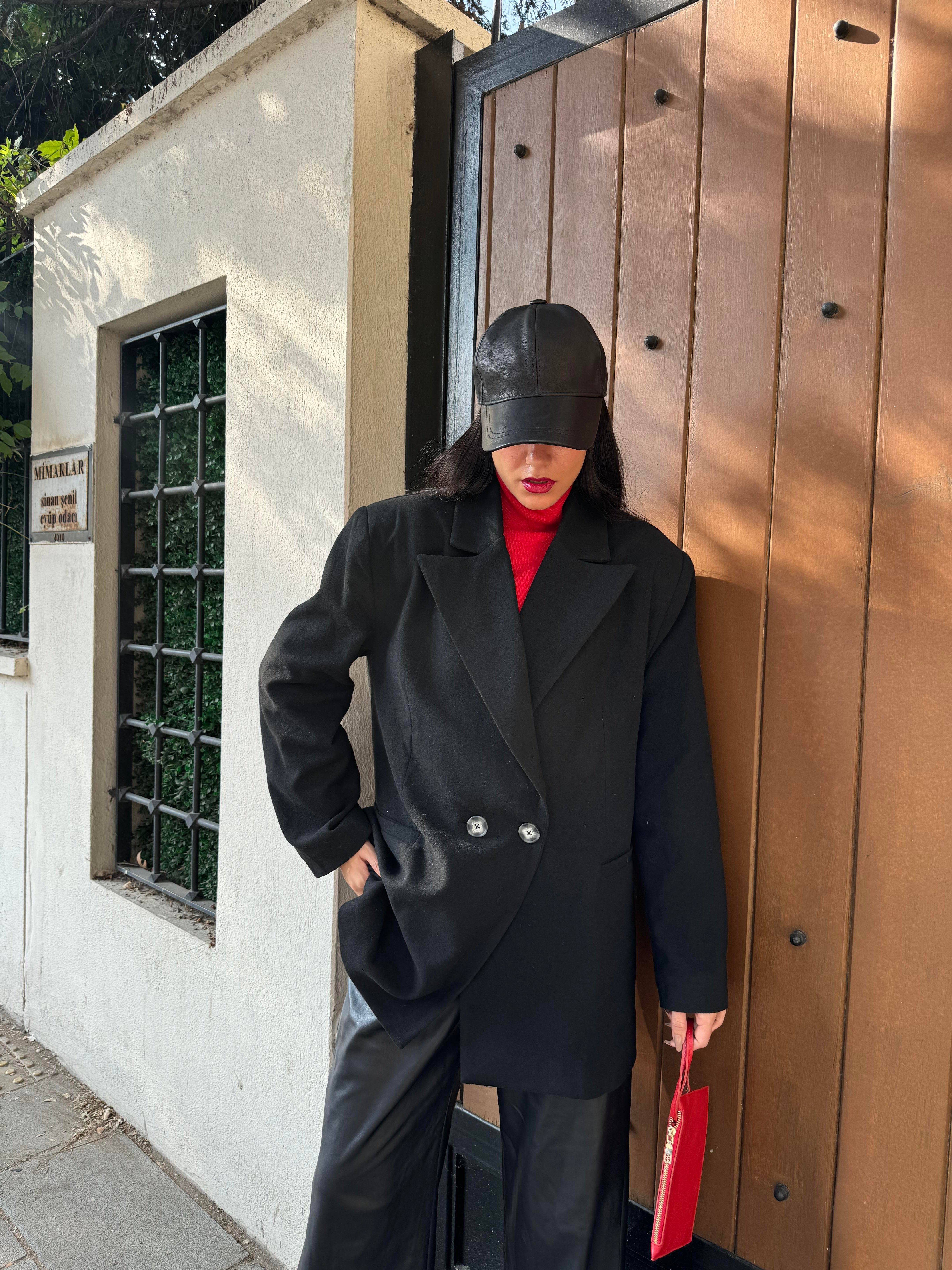 Kadın Siyah Şardonlu Poliviskon Oversize Ceket 28265