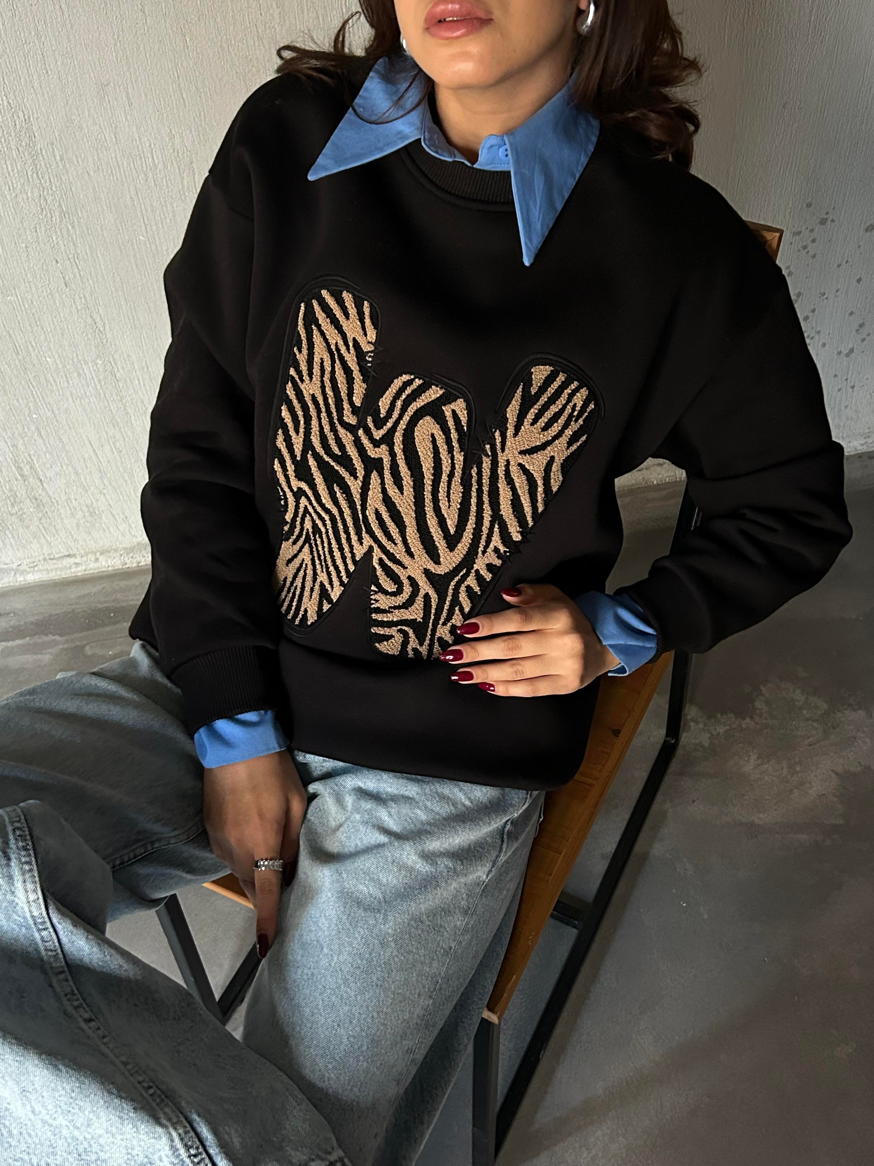Kadın Siyah Süzene Nakışlı 3 İplik Şardonlu Geniş Kesim Sweatshirt 28314