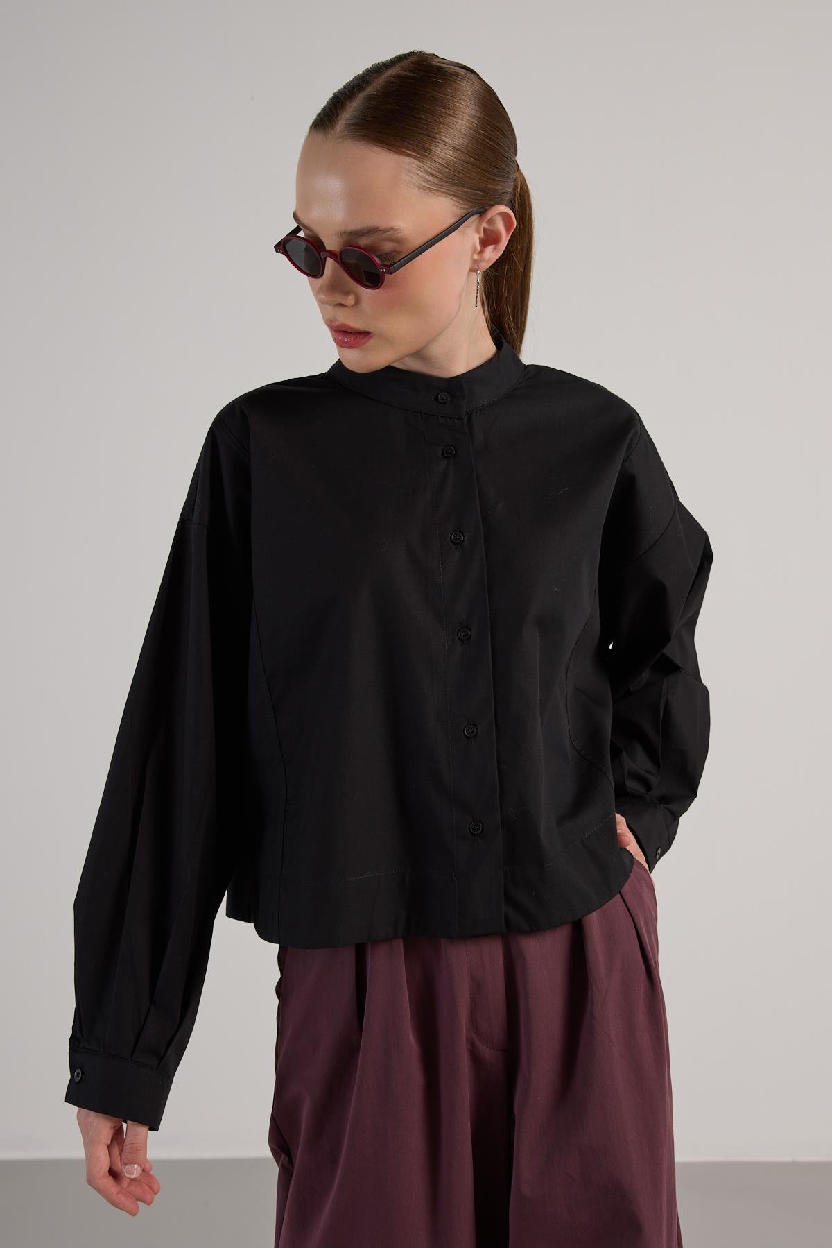 Kadın Siyah Tasarım Oversize Kısa Gömlek 30019