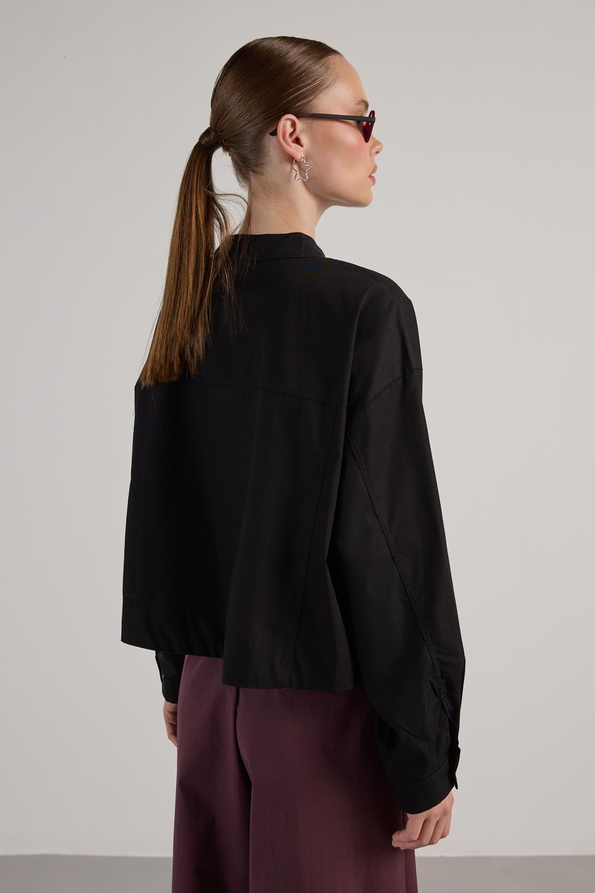 Kadın Siyah Tasarım Oversize Kısa Gömlek 30019