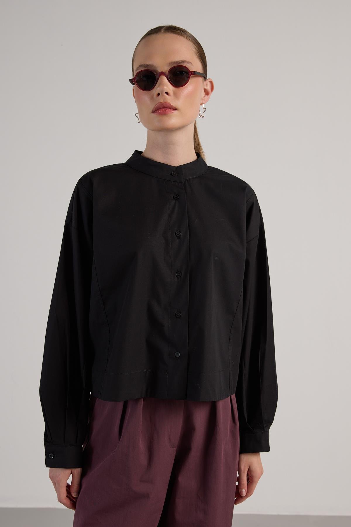 Kadın Siyah Tasarım Oversize Kısa Gömlek 30019