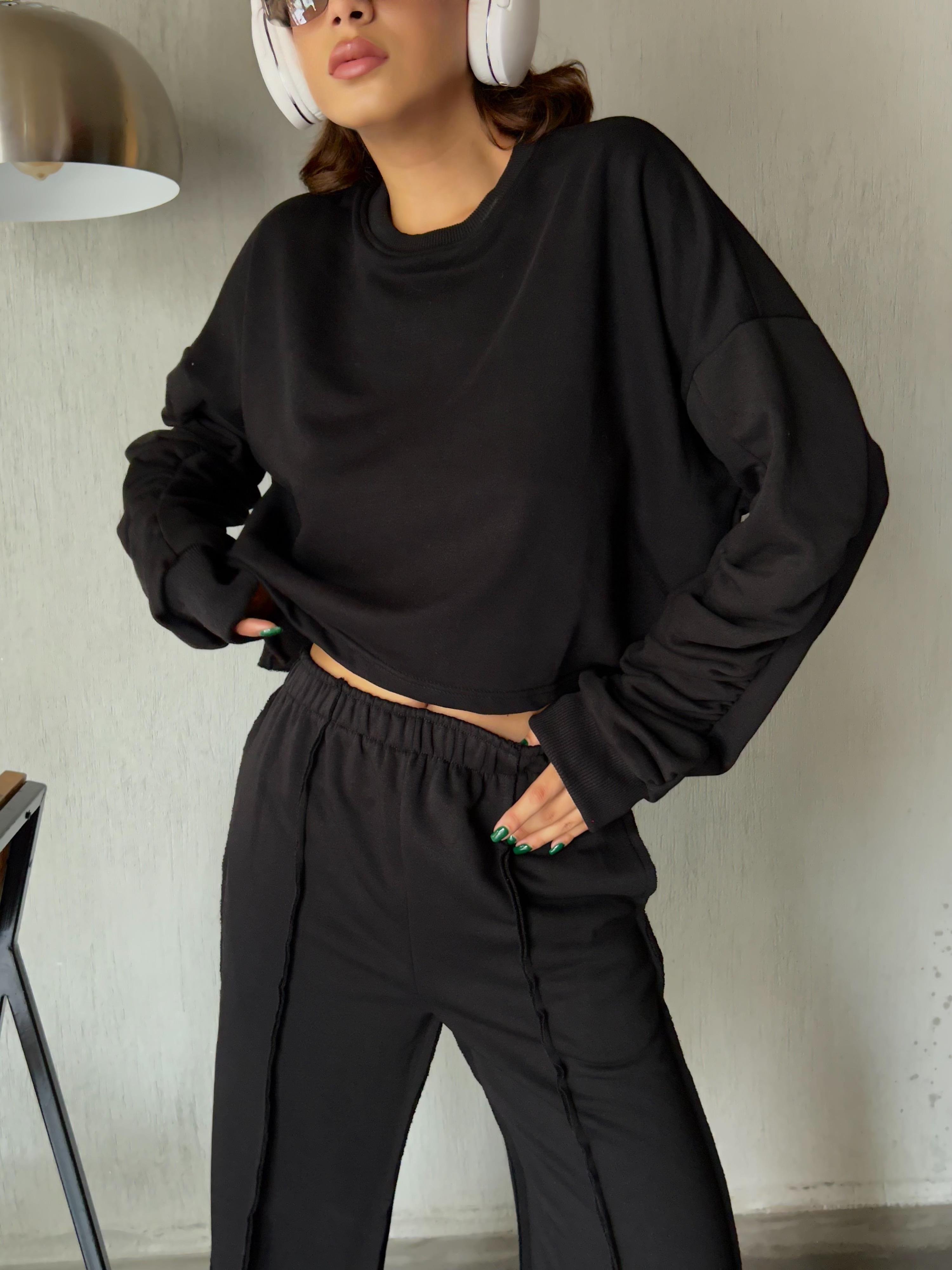 Kadın Siyah Tasarım Sweatshirt ve Pis Dikiş Bol Kesim Şardonsuz Eşofman Alt/Üst Takım 28374