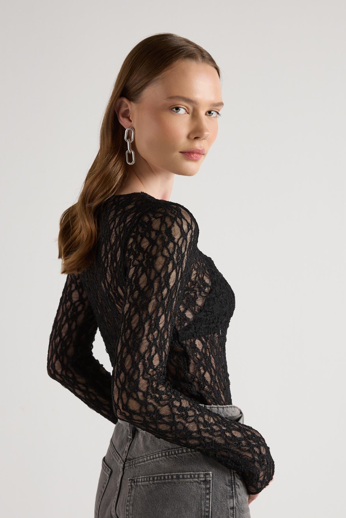 Kadın Siyah Transparan Dantel Kısa Likralı Bluz 30051