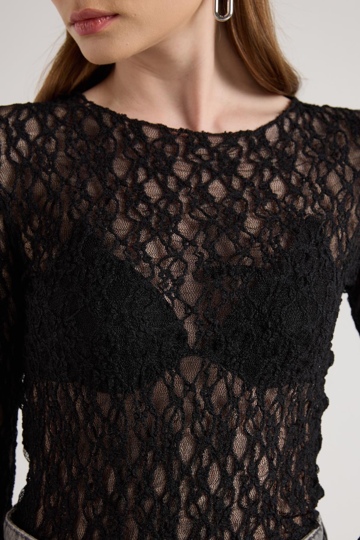 Kadın Siyah Transparan Dantel Kısa Likralı Bluz 30051