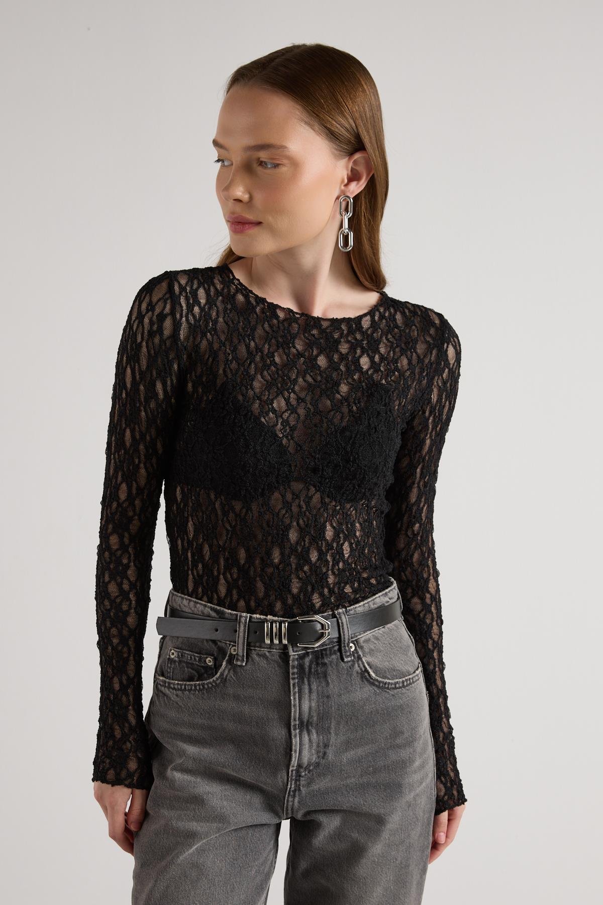 Kadın Siyah Transparan Dantel Kısa Likralı Bluz 30051