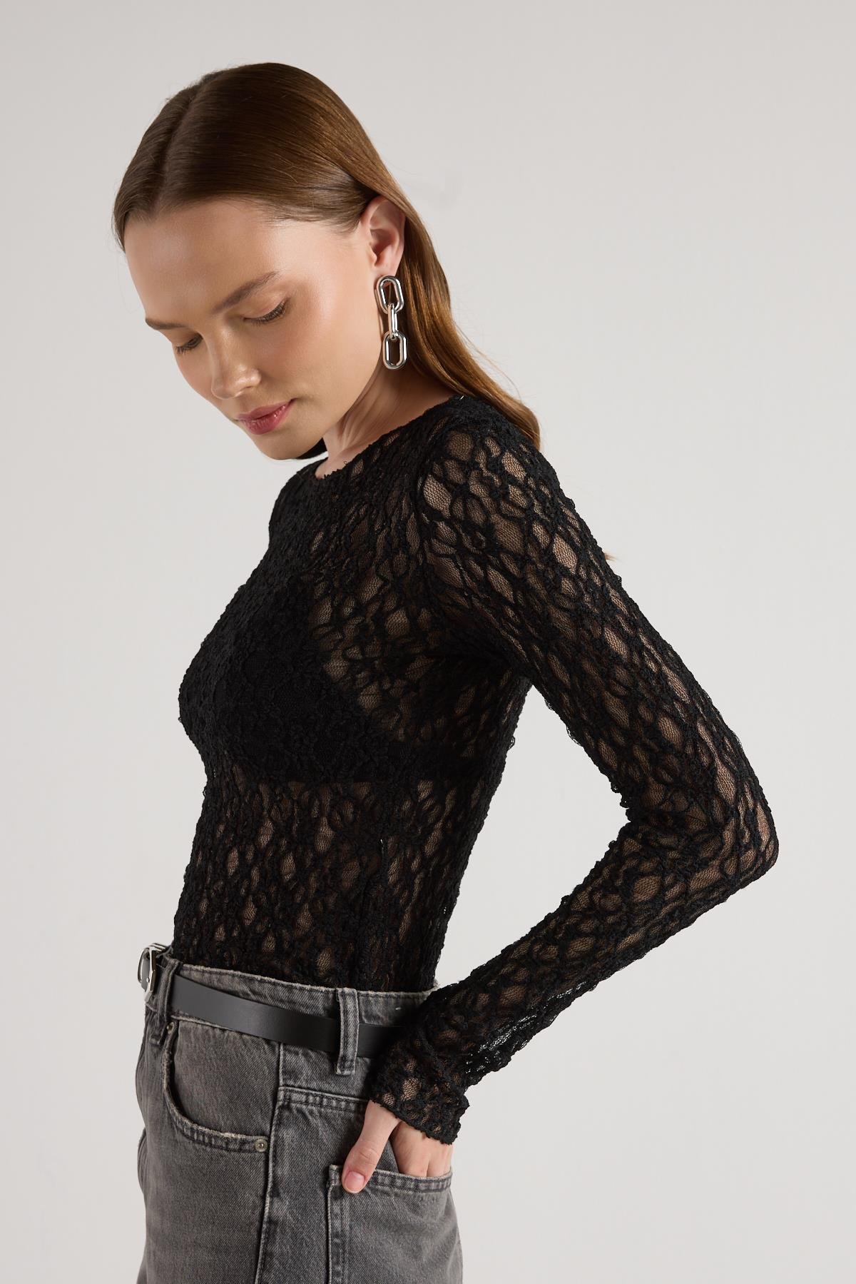 Kadın Siyah Transparan Dantel Kısa Likralı Bluz 30051