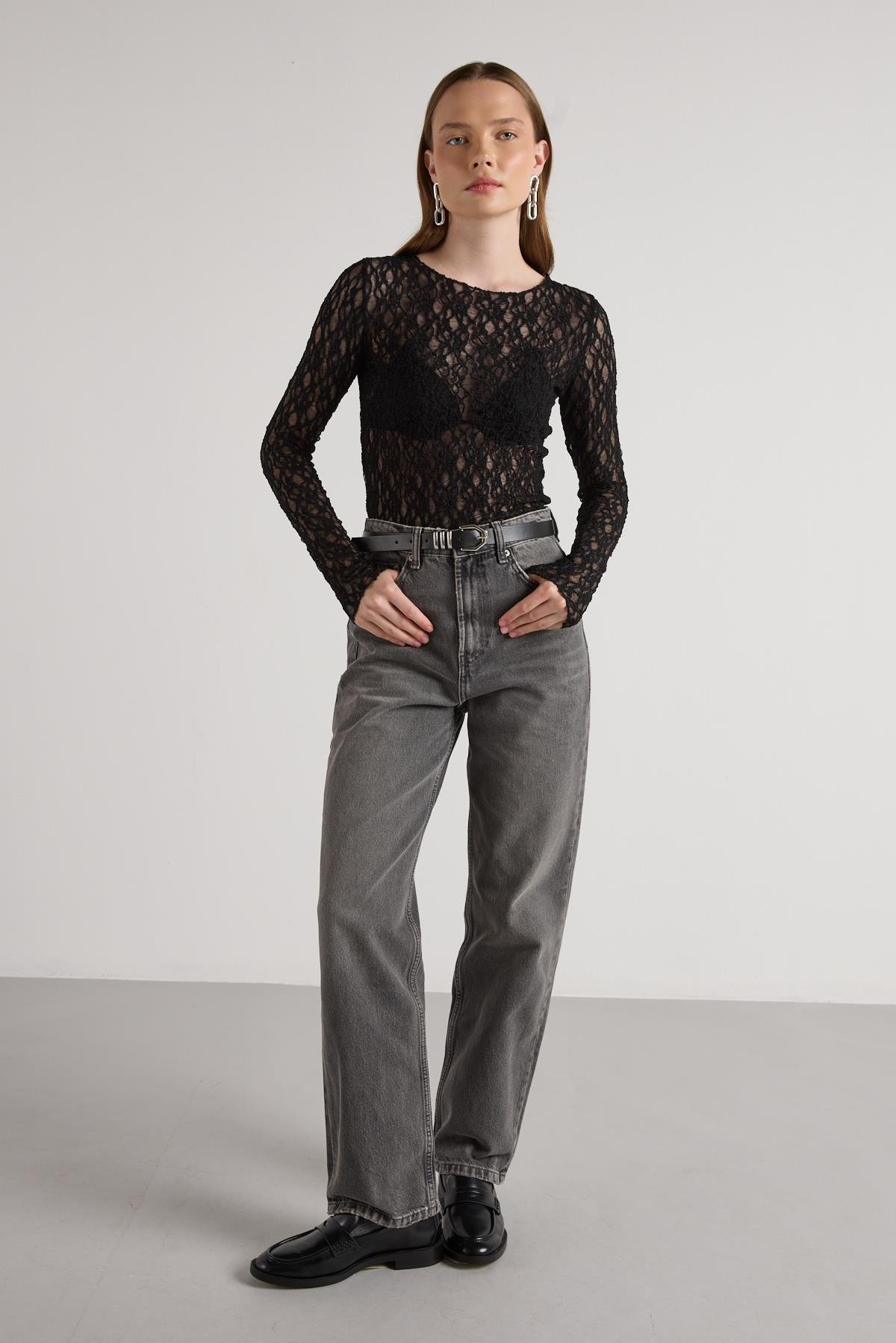 Kadın Siyah Transparan Dantel Kısa Likralı Bluz 30051