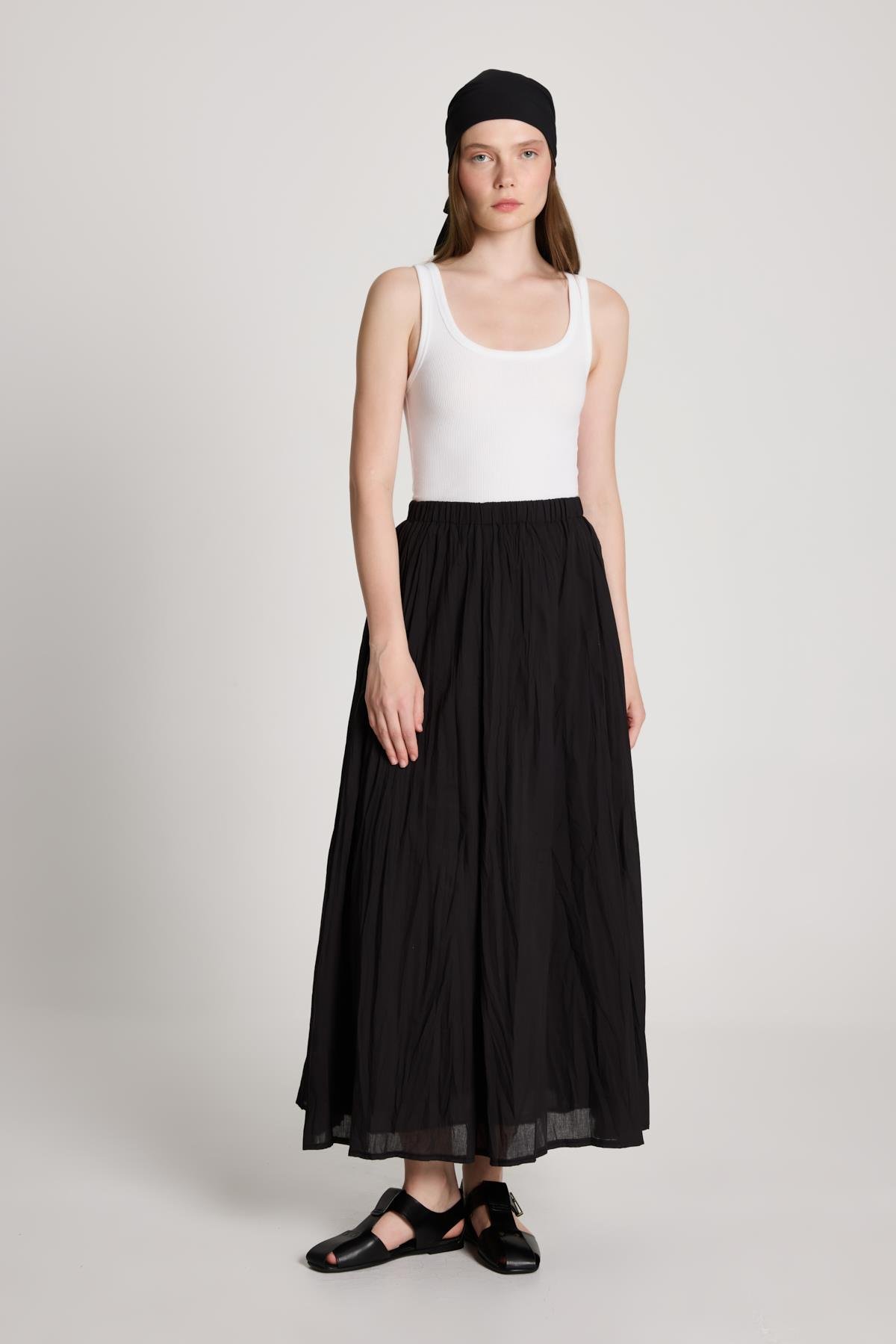 Kadın Siyah Vual Kumaş Kırışık Uzun Astarlı Etek 29062