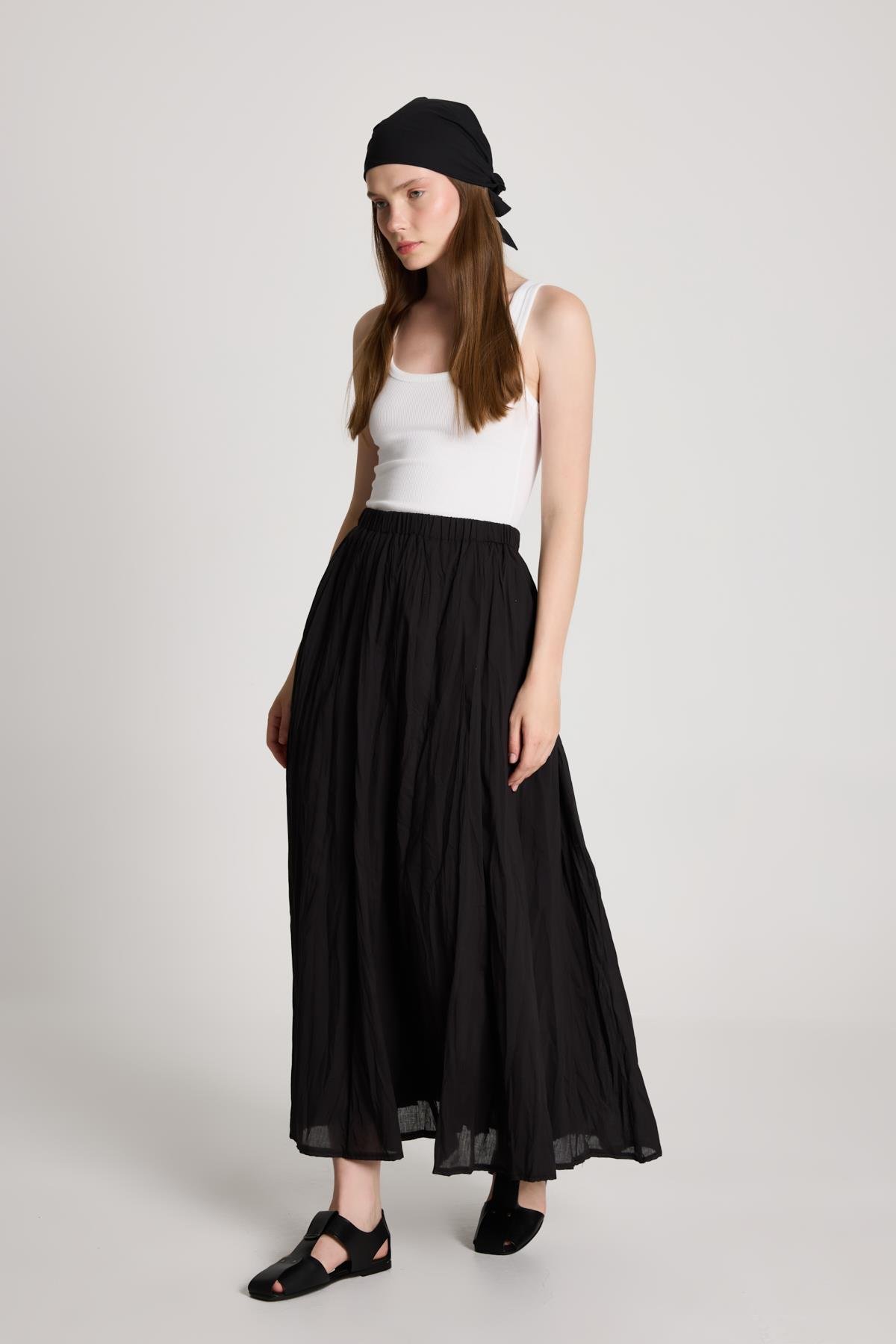 Kadın Siyah Vual Kumaş Kırışık Uzun Astarlı Etek 29062