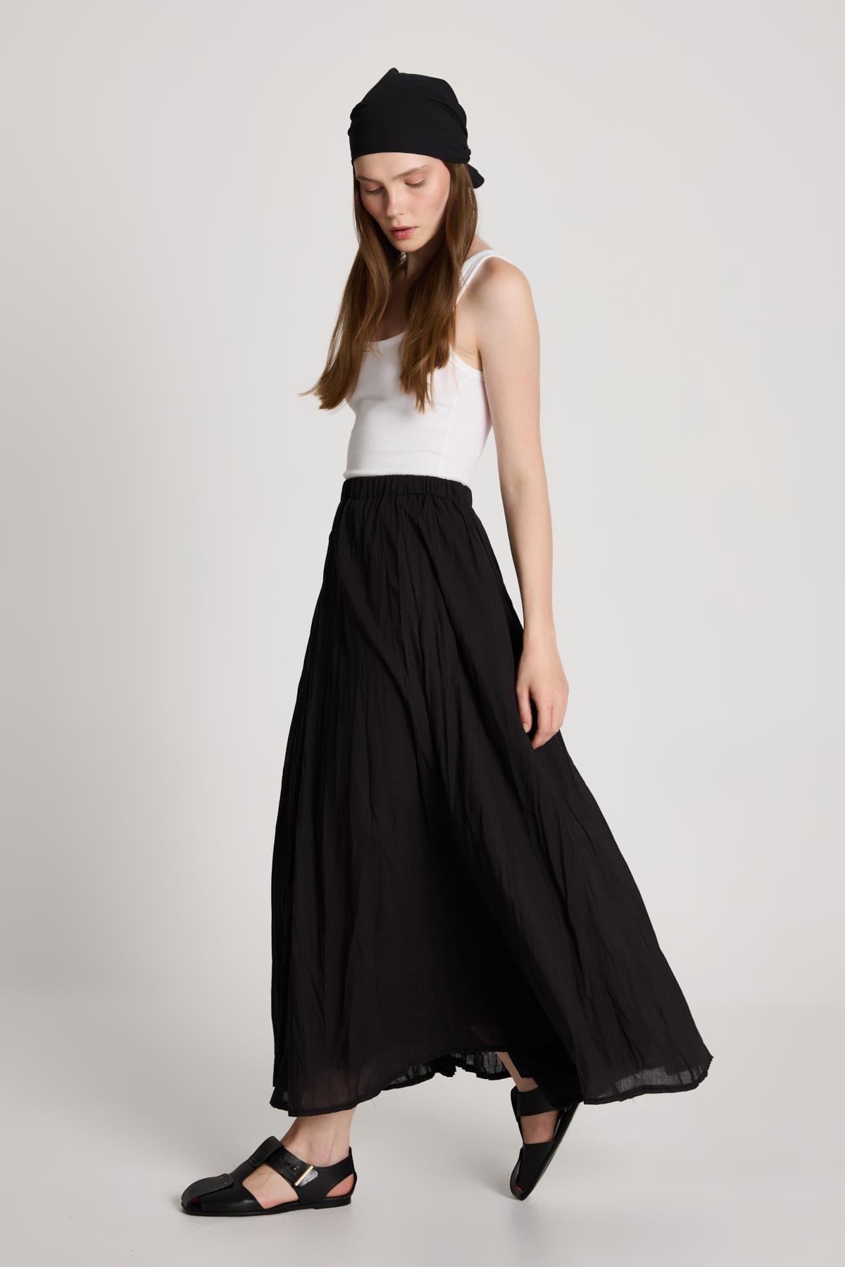 Kadın Siyah Vual Kumaş Kırışık Uzun Astarlı Etek 29062