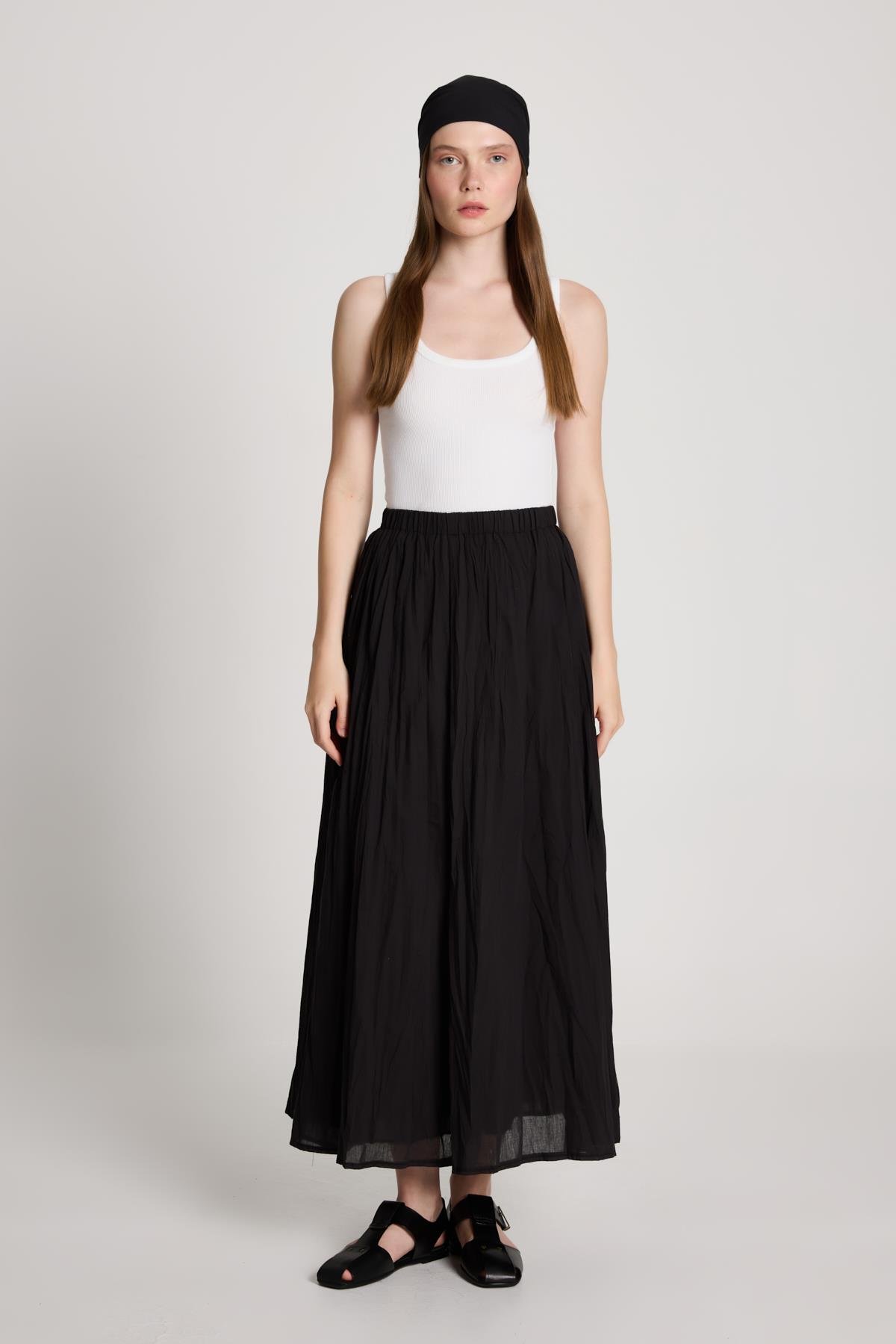 Kadın Siyah Vual Kumaş Kırışık Uzun Astarlı Etek 29062