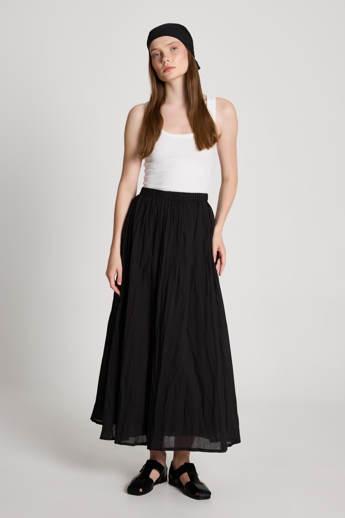 Kadın Siyah Vual Kumaş Kırışık Uzun Astarlı Etek 29062