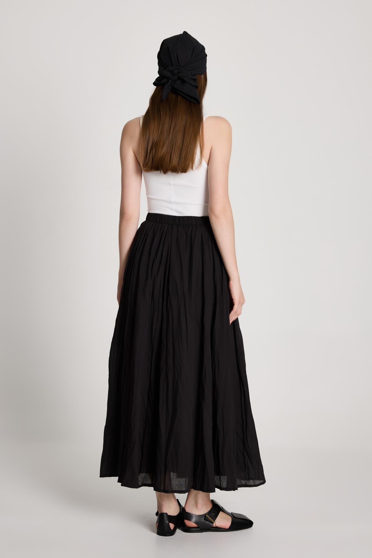 Kadın Siyah Vual Kumaş Kırışık Uzun Astarlı Etek 29062