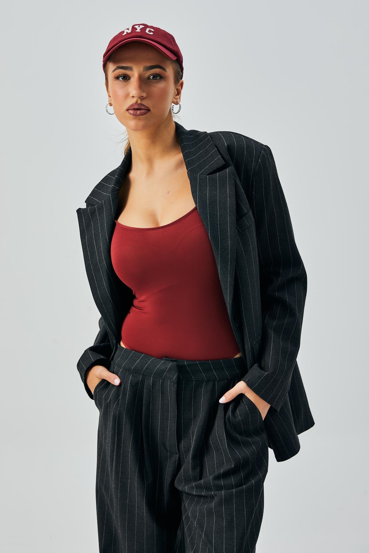 Kadın Siyah Yün Poliviskon Çizgili Kruvaze Yaka Düğmeli Blazer Ceket 28076