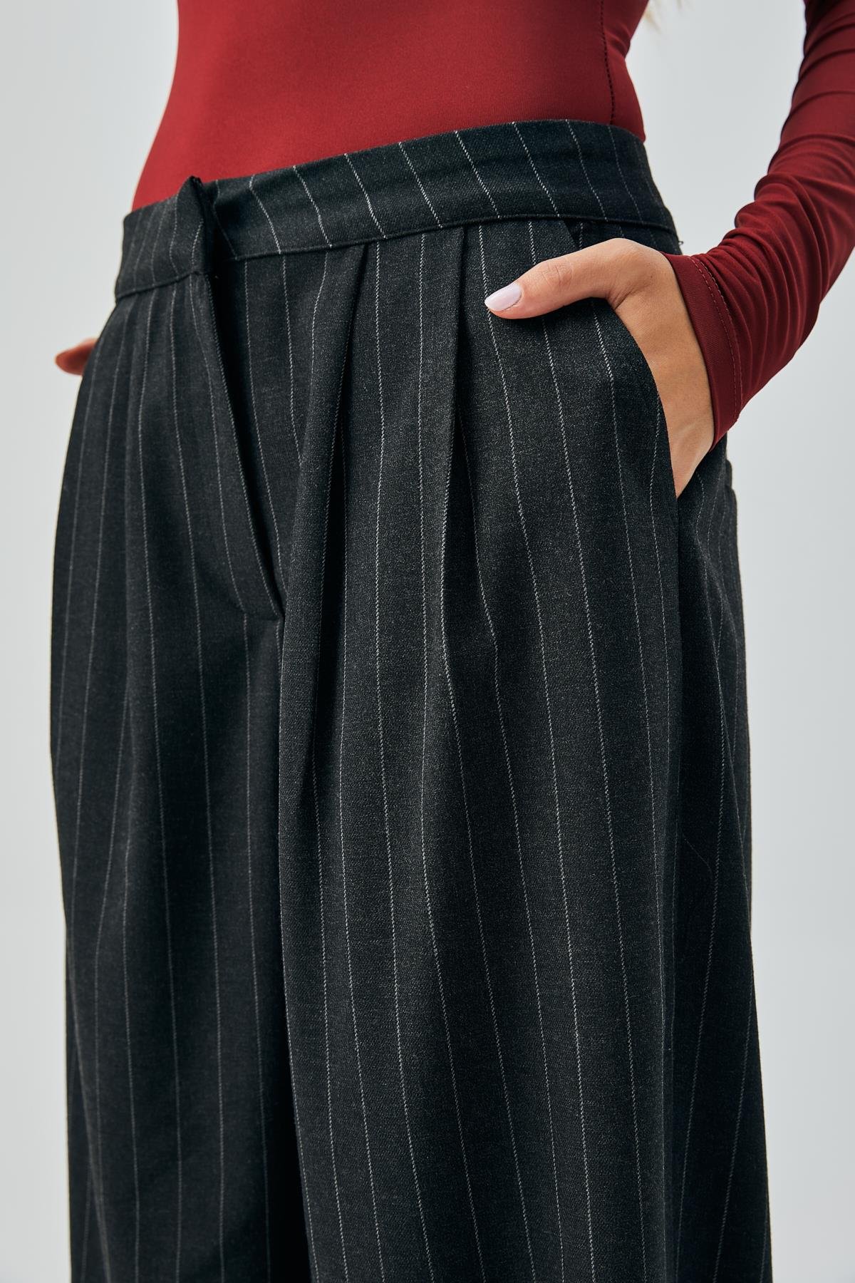 Kadın Siyah Yün Poliviskon Çizgili Palazzo Pantolon 28078