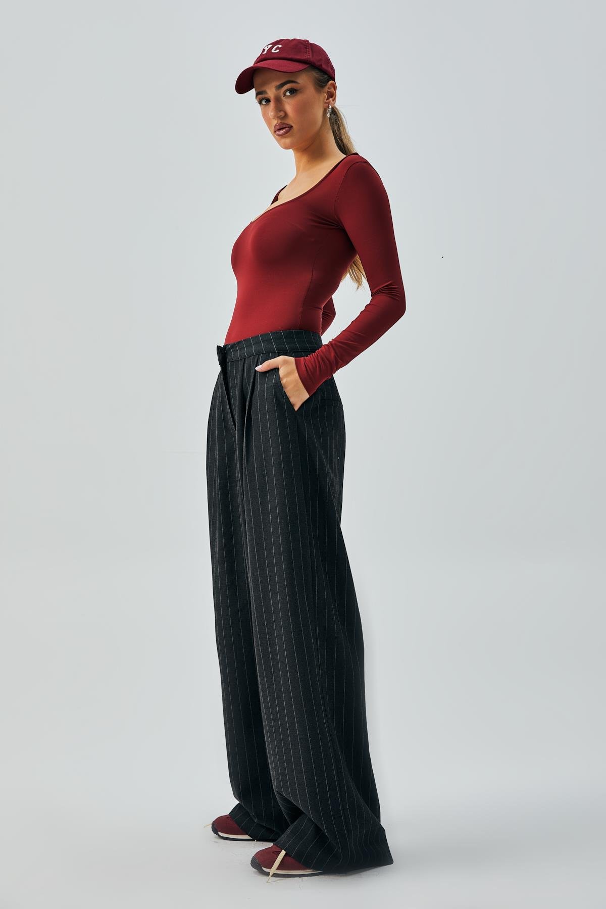 Kadın Siyah Yün Poliviskon Çizgili Palazzo Pantolon 28078