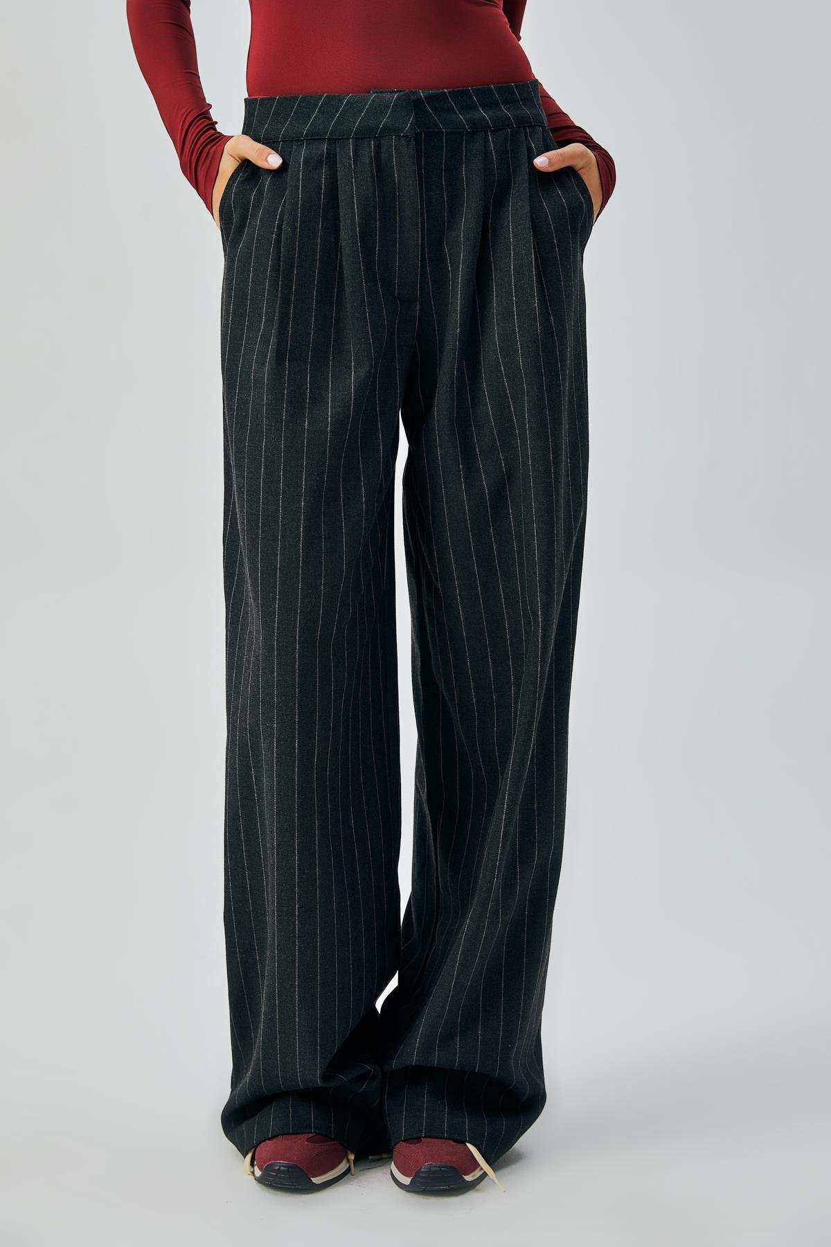 Kadın Siyah Yün Poliviskon Çizgili Palazzo Pantolon 28078