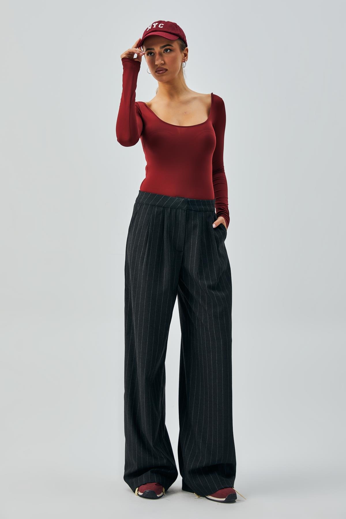 Kadın Siyah Yün Poliviskon Çizgili Palazzo Pantolon 28078