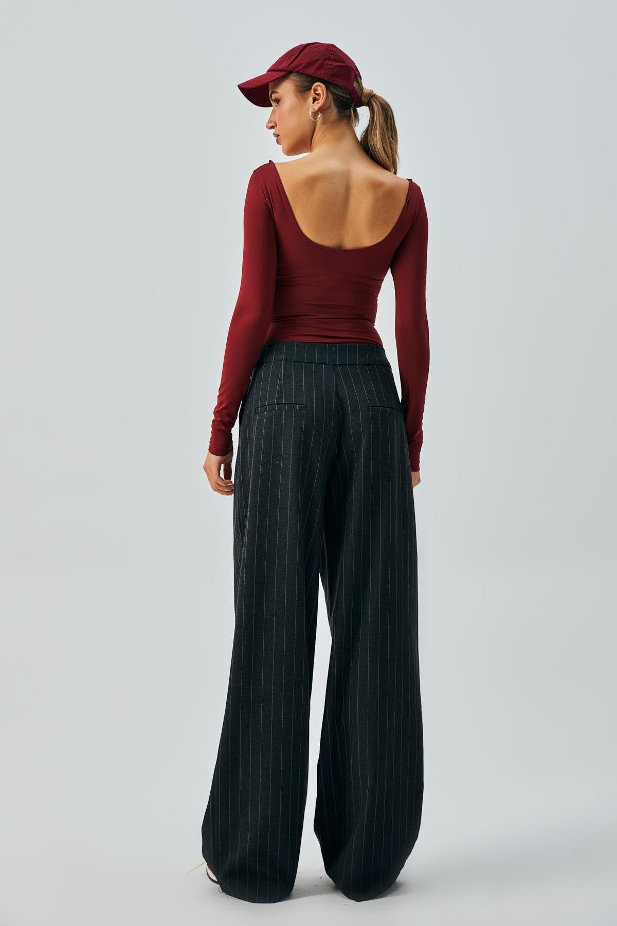 Kadın Siyah Yün Poliviskon Çizgili Palazzo Pantolon 28078