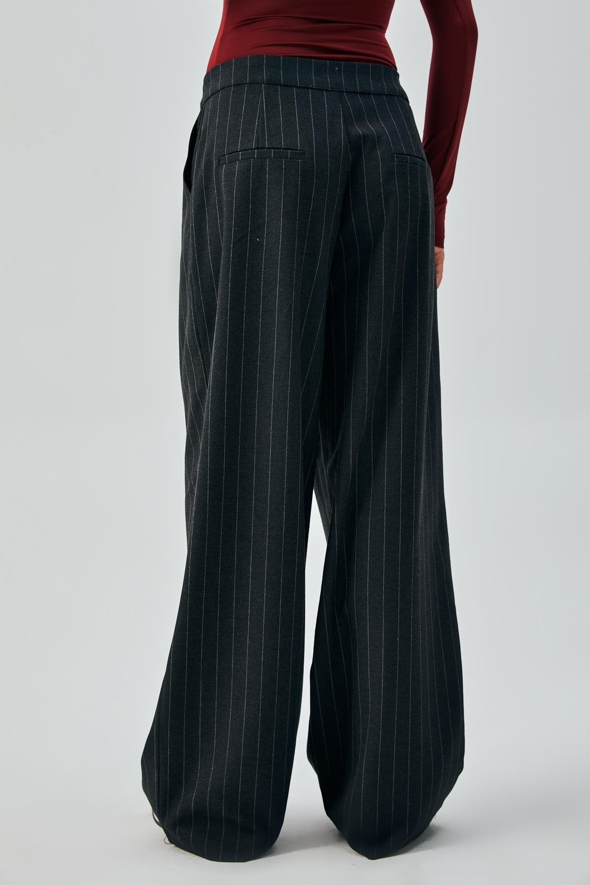 Kadın Siyah Yün Poliviskon Çizgili Palazzo Pantolon 28078