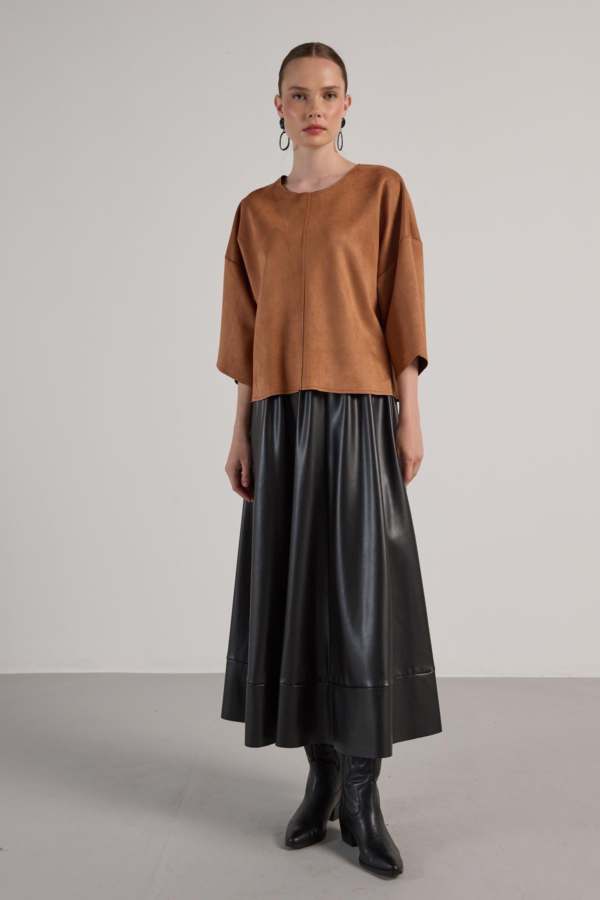 Kadın Taba Dalgıç Süet Parçalı Bluz 30038