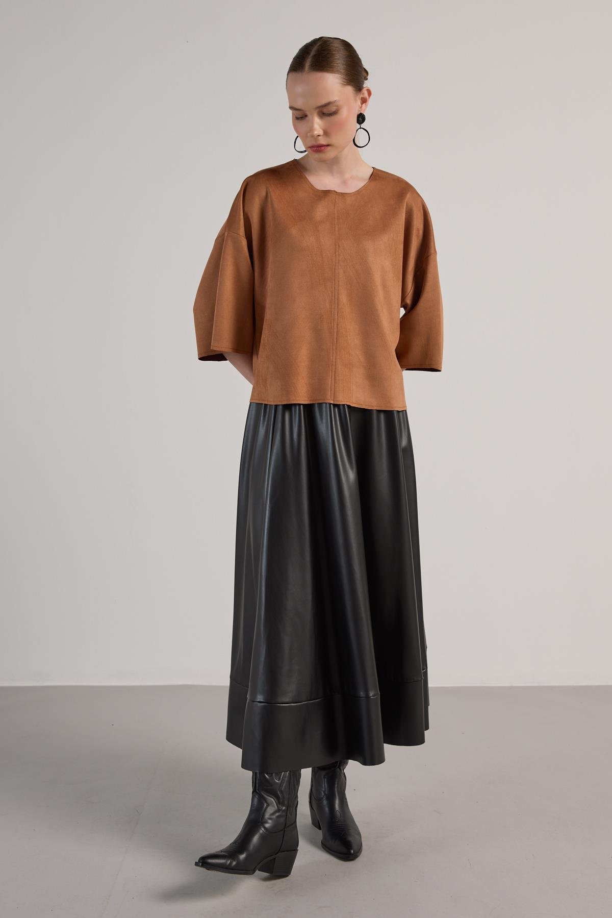 Kadın Taba Dalgıç Süet Parçalı Bluz 30038