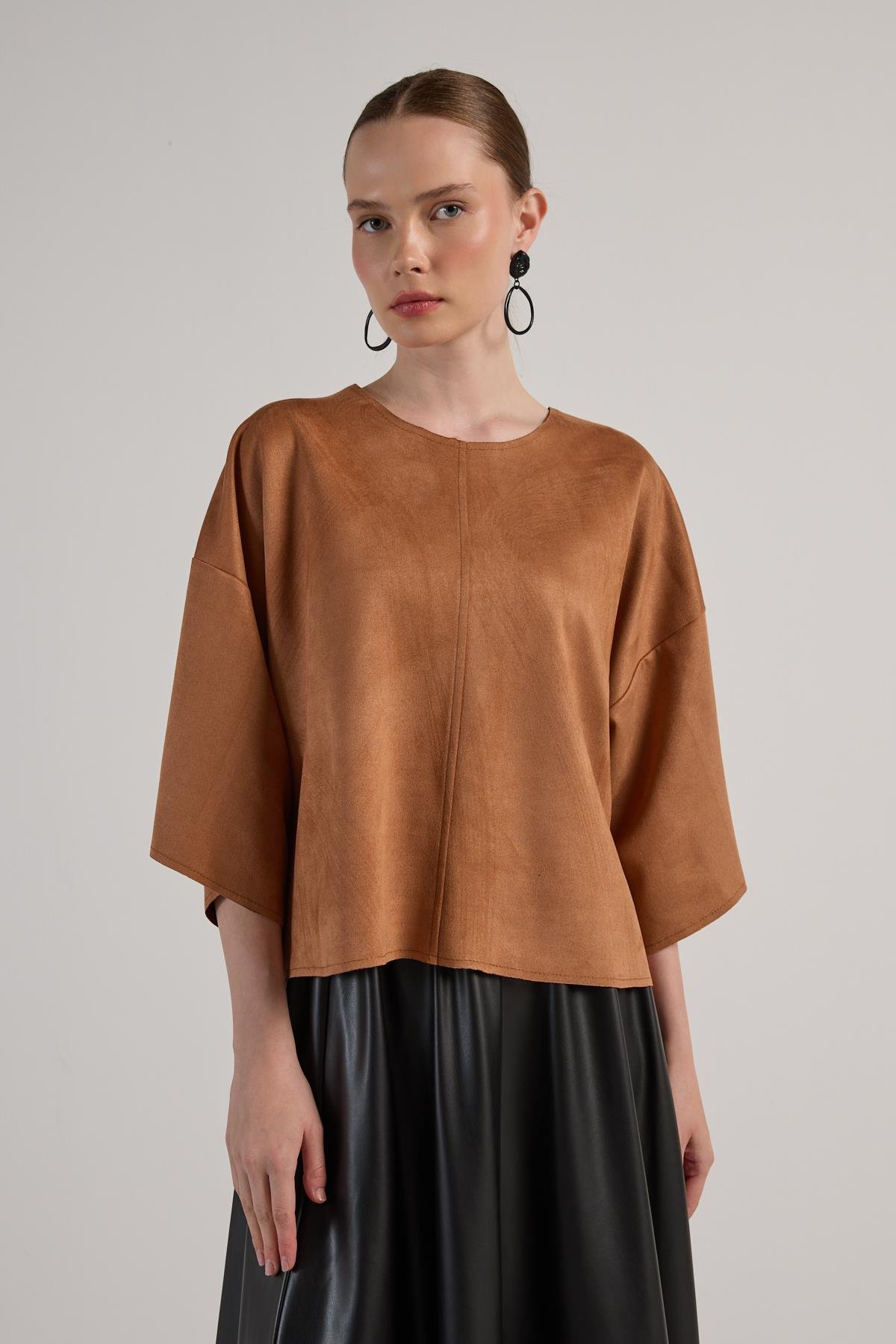 Kadın Taba Dalgıç Süet Parçalı Bluz 30038