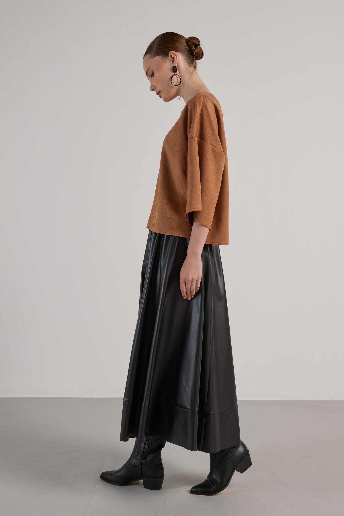 Kadın Taba Dalgıç Süet Parçalı Bluz 30038