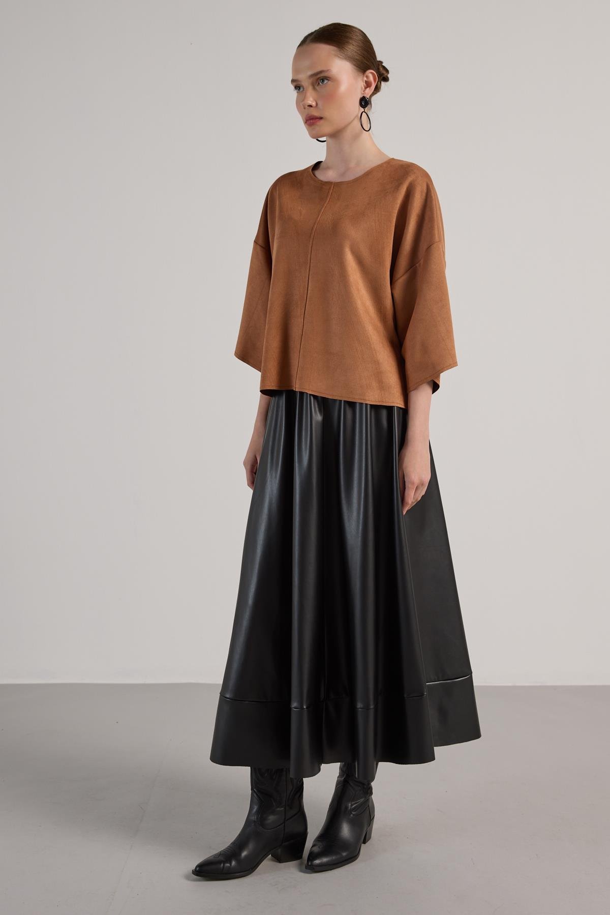 Kadın Taba Dalgıç Süet Parçalı Bluz 30038