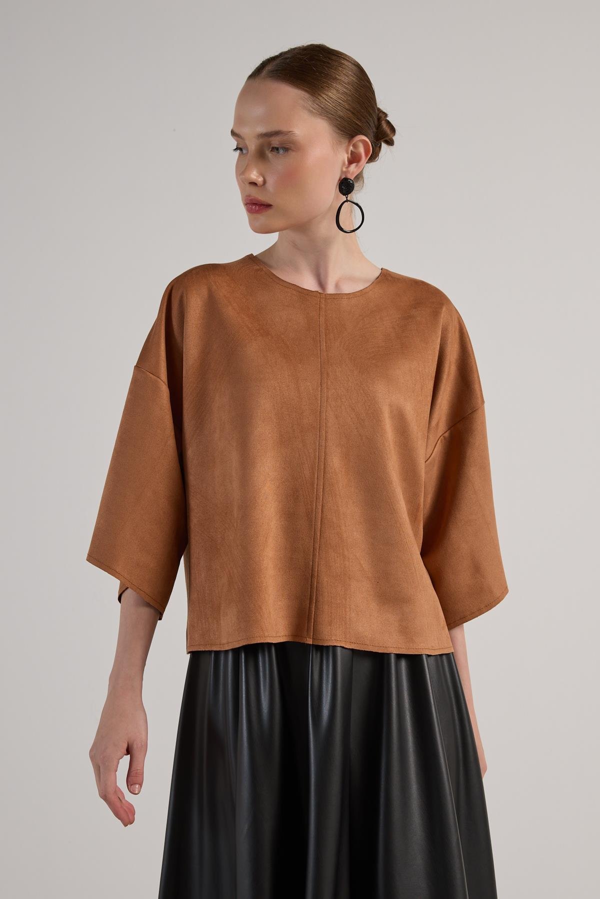 Kadın Taba Dalgıç Süet Parçalı Bluz 30038