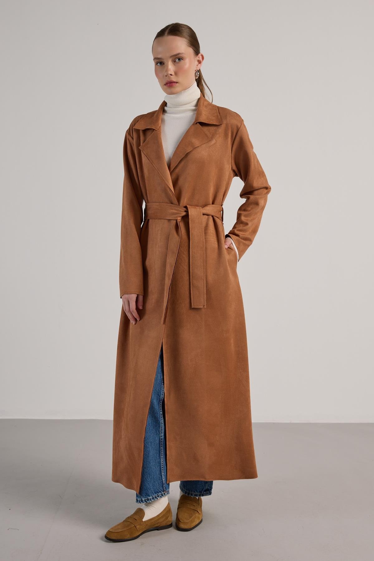 Kadın Taba Dalgıç Süet Tam Boy Trençkot 30041