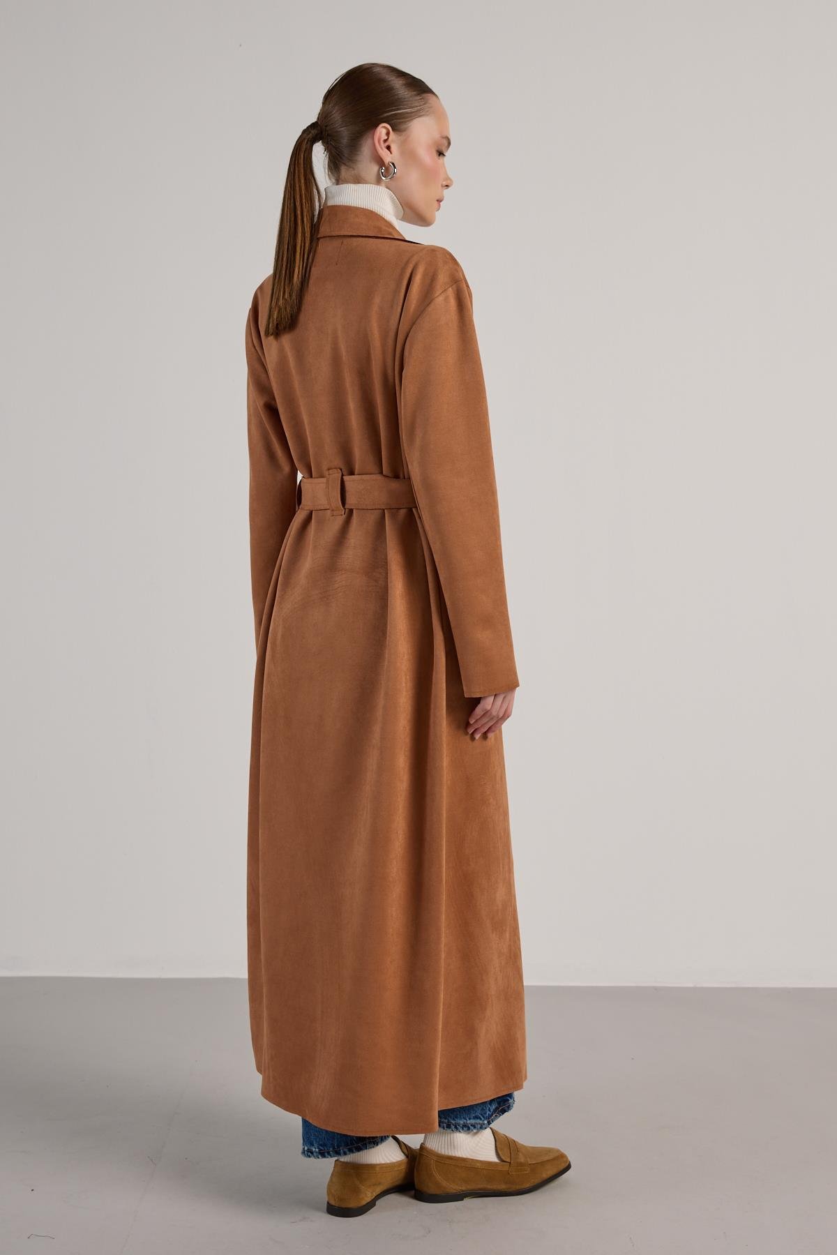 Kadın Taba Dalgıç Süet Tam Boy Trençkot 30041